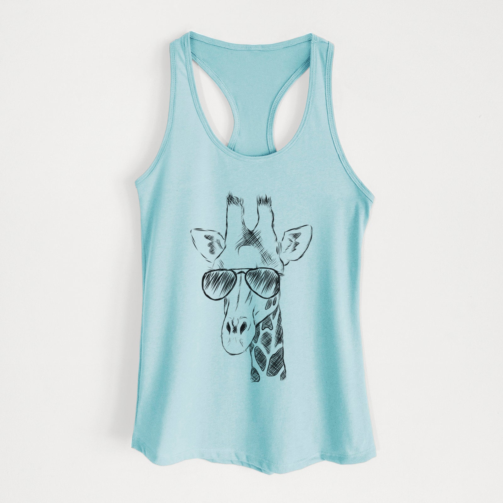 Hand-drawn sketch of Geoffrey the Giraffe wearing aviator sunglasses on a Cancun Blue Women's racerback tanktop
