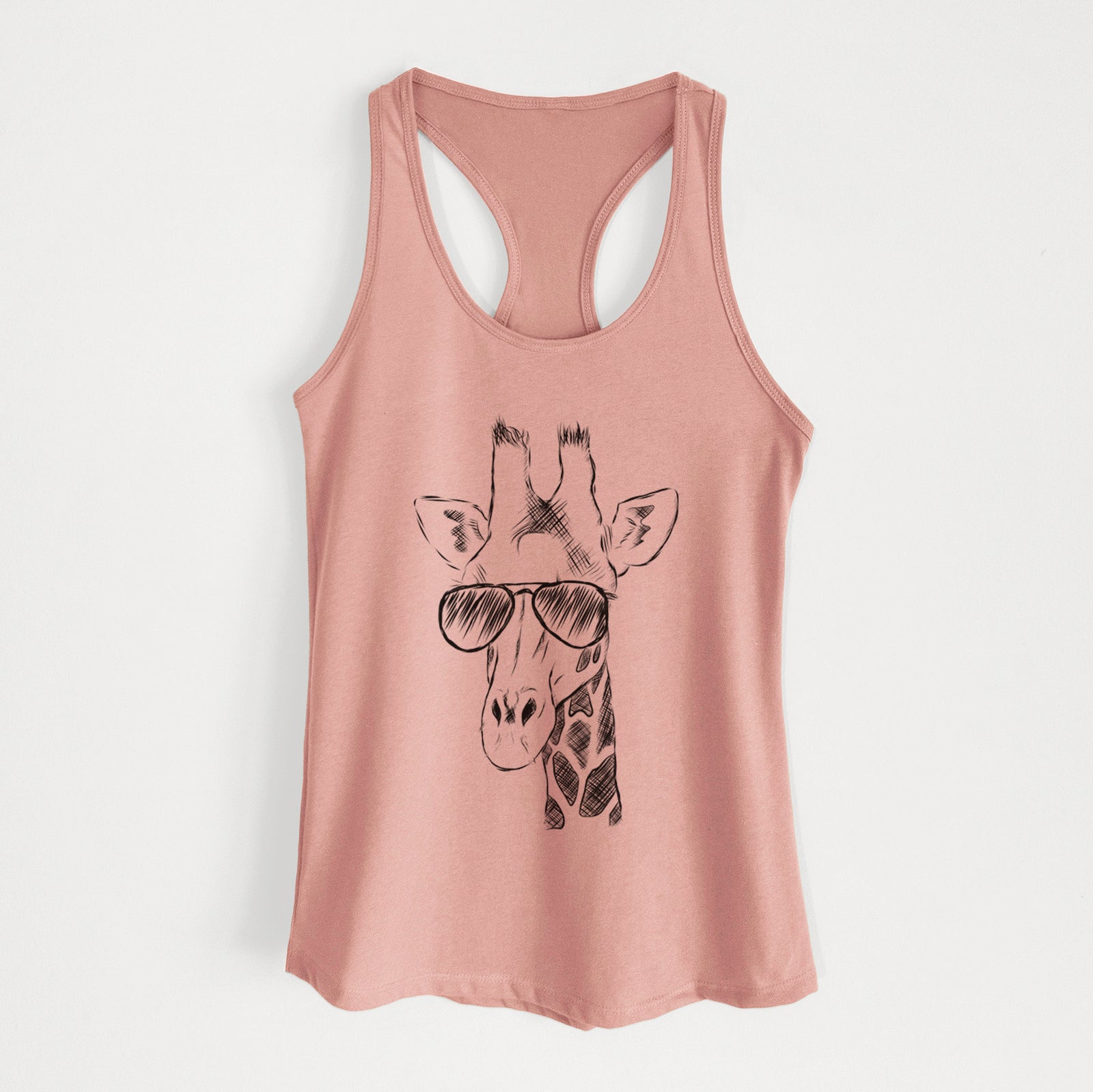 Hand-drawn sketch of Geoffrey the Giraffe wearing aviator sunglasses on a Desert Pink Women's racerback tanktop