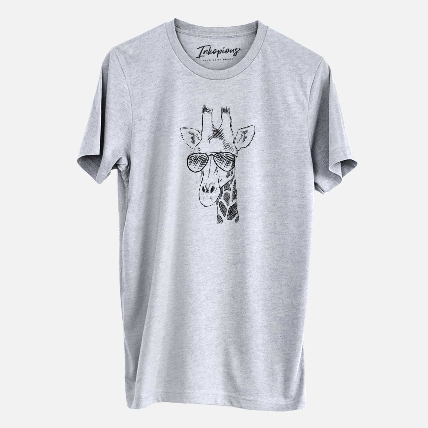 Hand-drawn sketch of Geoffrey the Giraffe wearing aviator sunglasses on a Grey Unisex crewneck