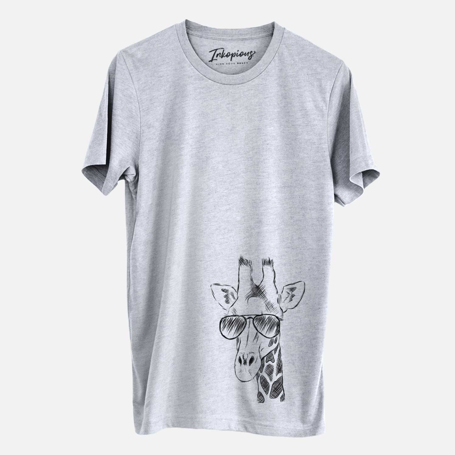 Hand-drawn sketch of Geoffrey the Giraffe wearing aviator sunglasses on a Grey Unisex crewneck