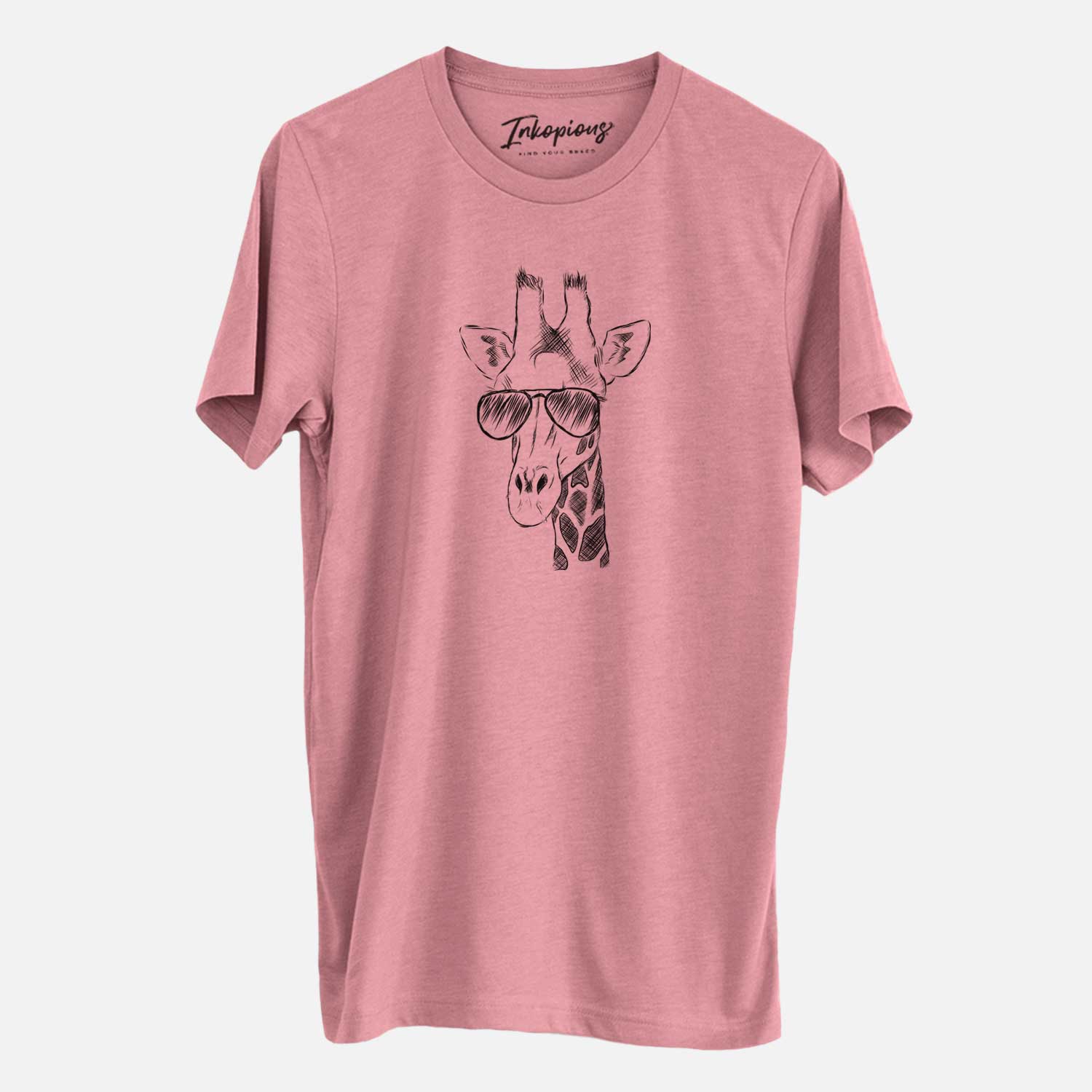 Hand-drawn sketch of Geoffrey the Giraffe wearing aviator sunglasses on a Mauve Unisex crewneck