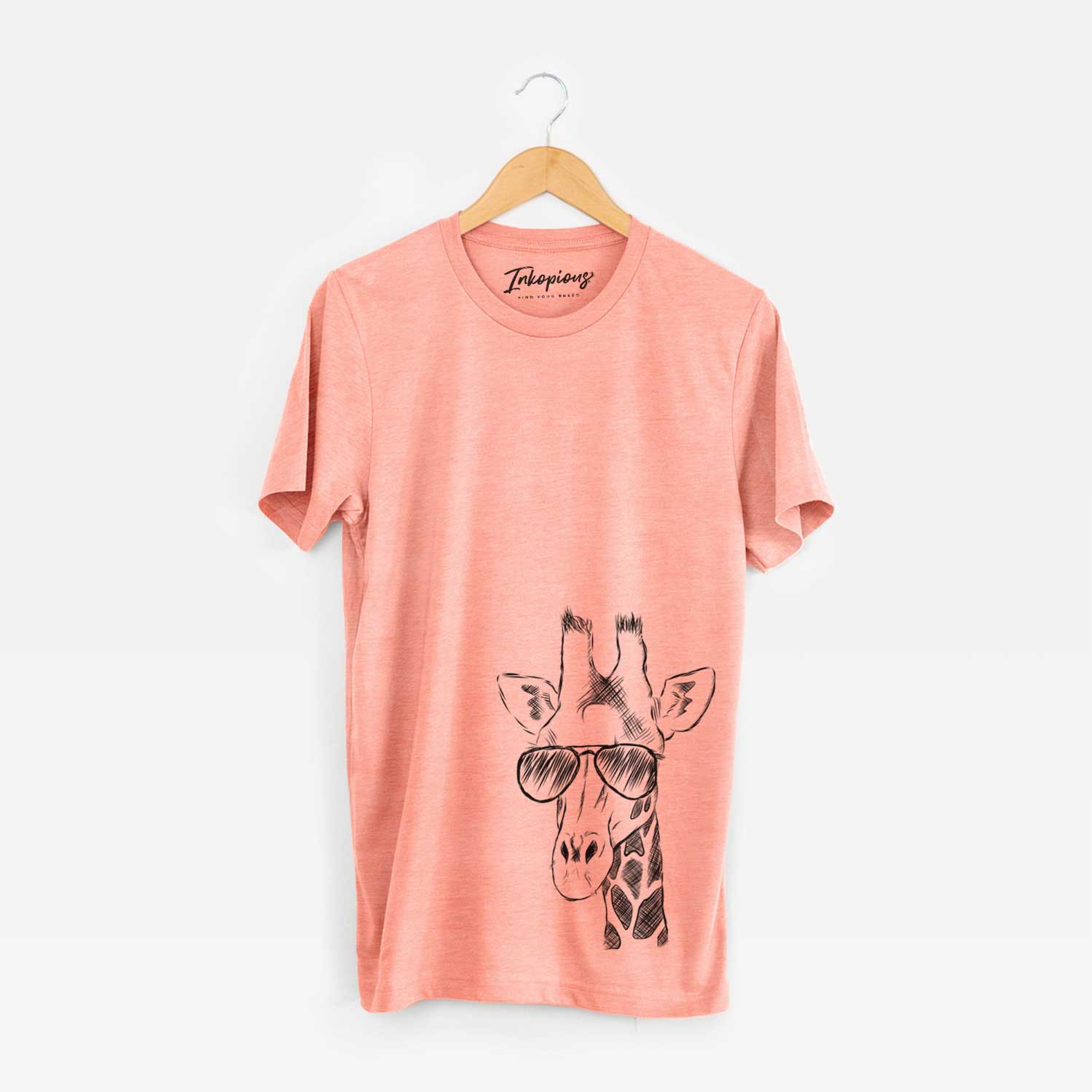 Hand-drawn sketch of Geoffrey the Giraffe wearing aviator sunglasses on a Sunset Unisex crewneck