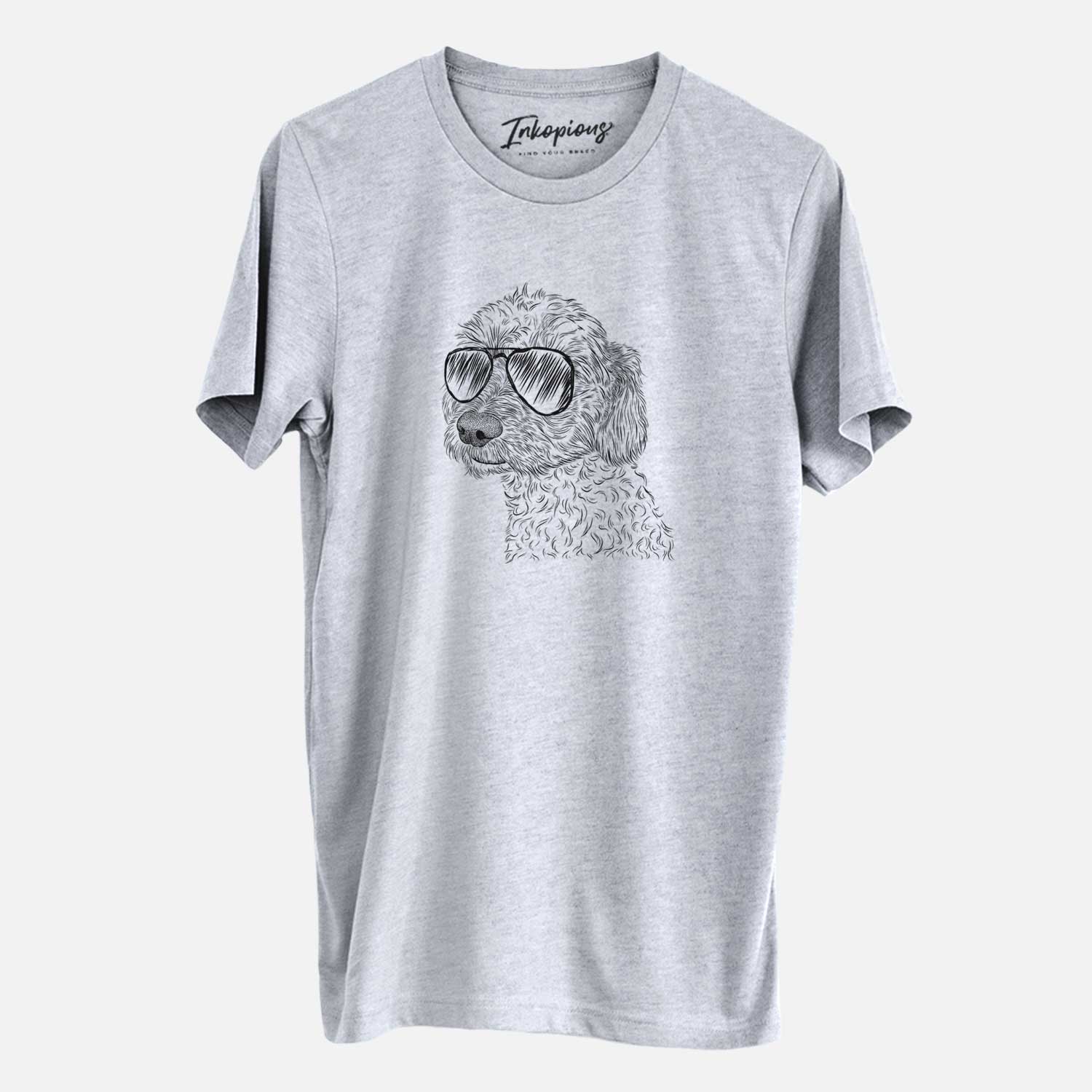 Hand-drawn sketch of Georgie Boy the Mixed Breed wearing aviator sunglasses on a Grey Unisex crewneck