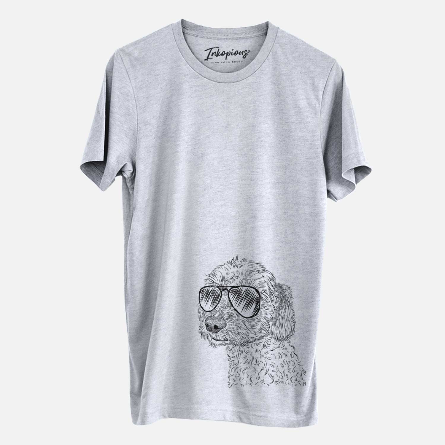 Hand-drawn sketch of Georgie Boy the Mixed Breed wearing aviator sunglasses on a Grey Unisex crewneck