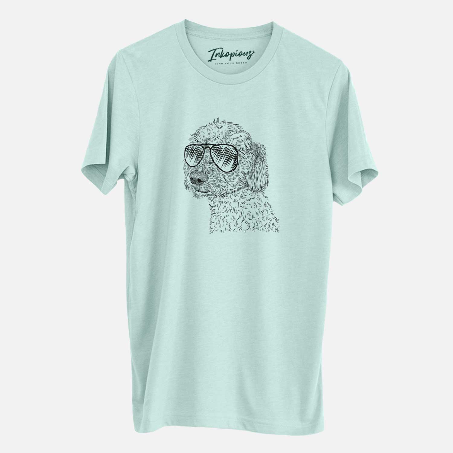 Hand-drawn sketch of Georgie Boy the Mixed Breed wearing aviator sunglasses on a Heather Sage Unisex crewneck