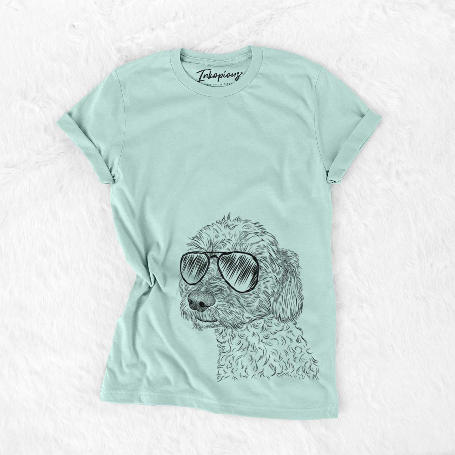 Hand-drawn sketch of Georgie Boy the Mixed Breed wearing aviator sunglasses on a Heather Sage Unisex crewneck