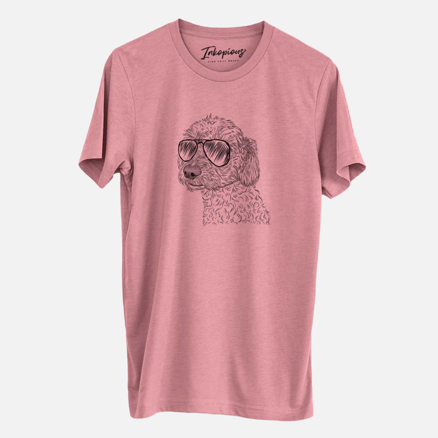 Hand-drawn sketch of Georgie Boy the Mixed Breed wearing aviator sunglasses on a Mauve Unisex crewneck