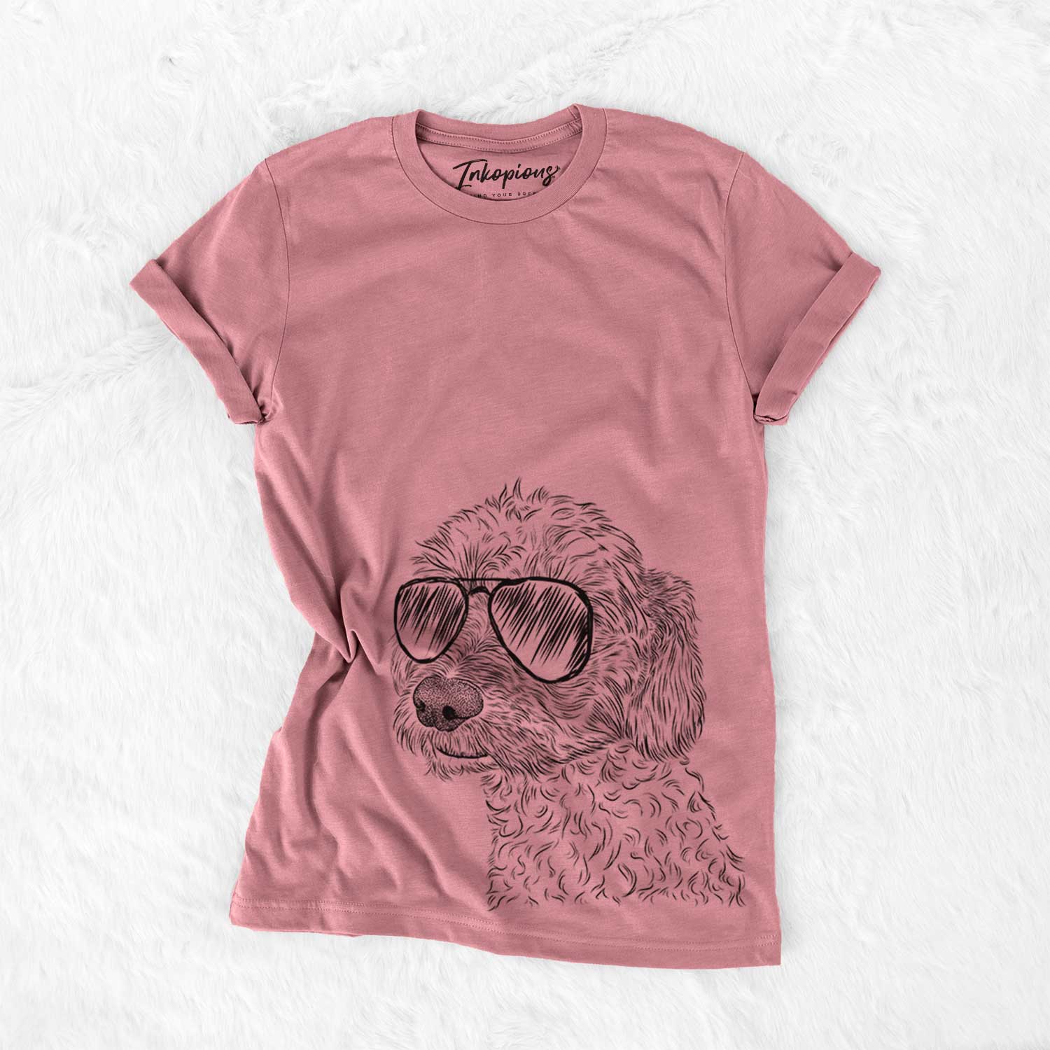 Hand-drawn sketch of Georgie Boy the Mixed Breed wearing aviator sunglasses on a Mauve Bella Canvas Unisex Crewneck