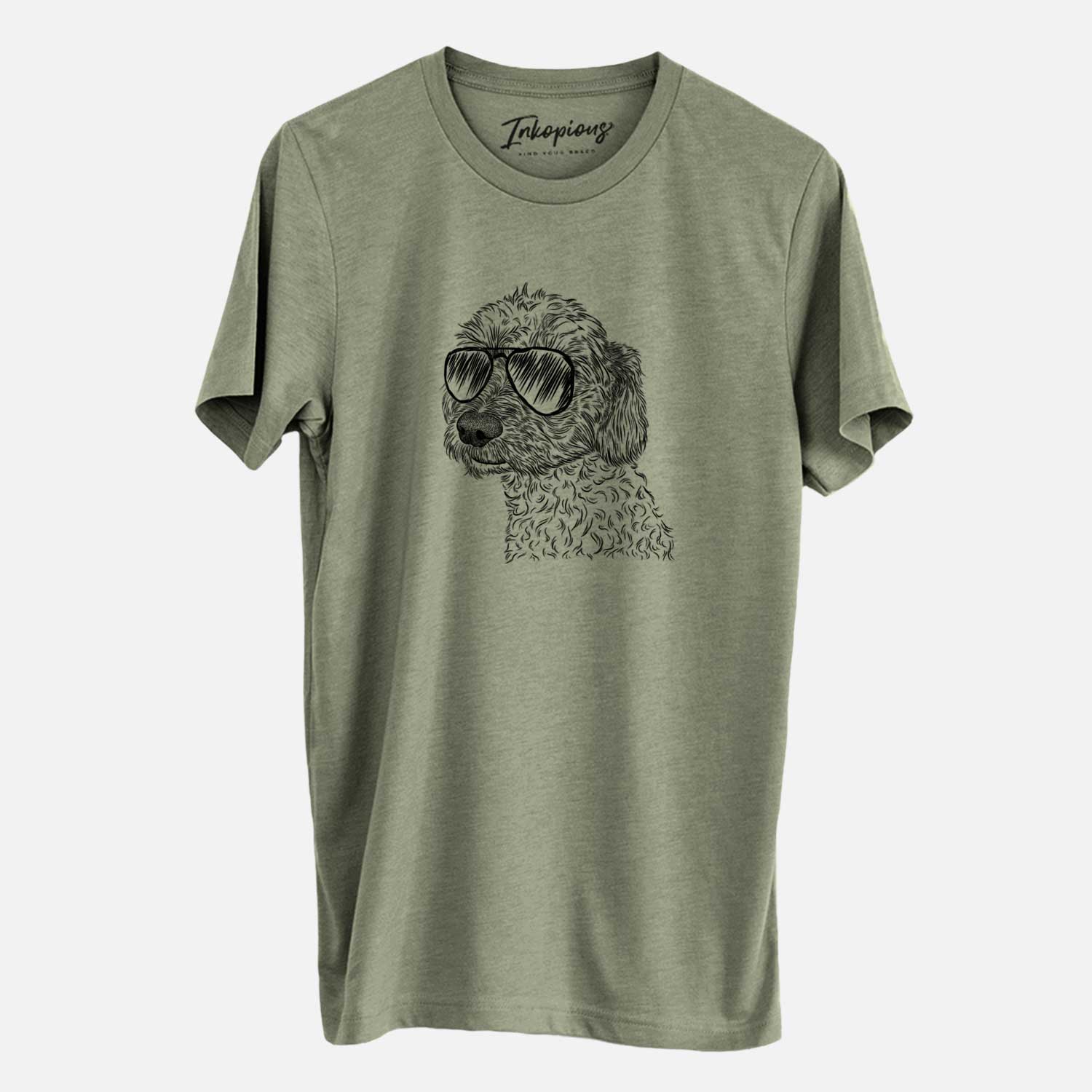 Hand-drawn sketch of Georgie Boy the Mixed Breed wearing aviator sunglasses on an Olive Unisex crewneck