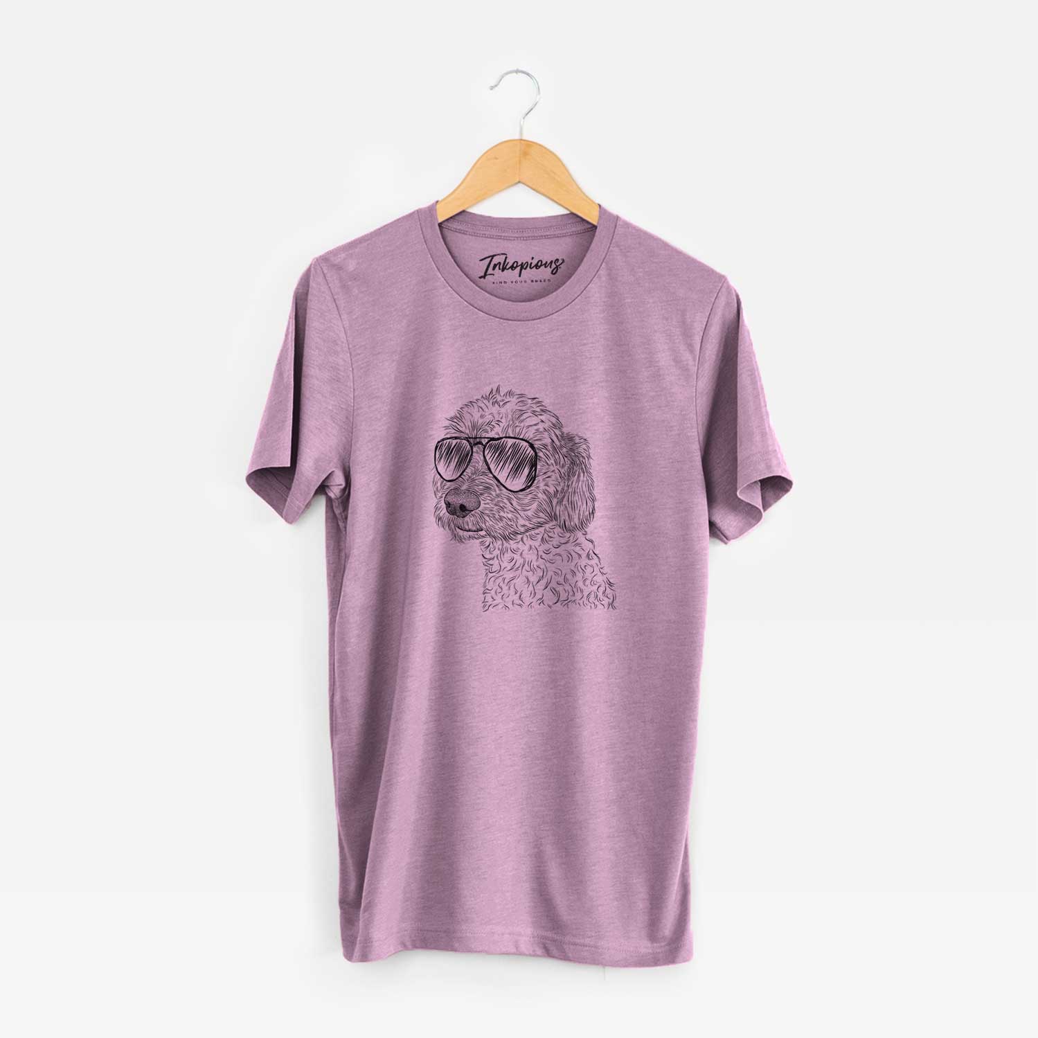 Hand-drawn sketch of Georgie Boy the Mixed Breed wearing aviator sunglasses on an Orchid Unisex crewneck