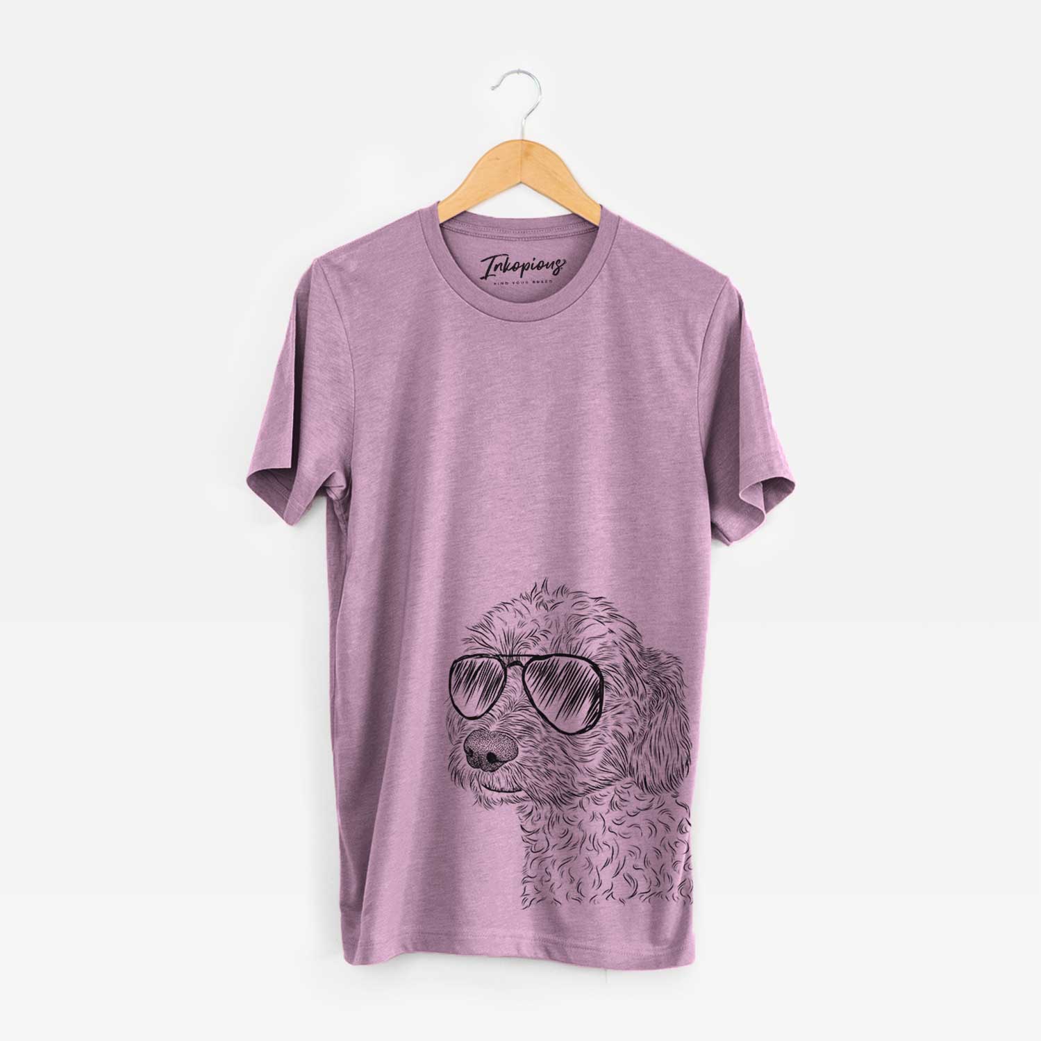 Hand-drawn sketch of Georgie Boy the Mixed Breed wearing aviator sunglasses on an Orchid Bella Canvas Unisex Crewneck