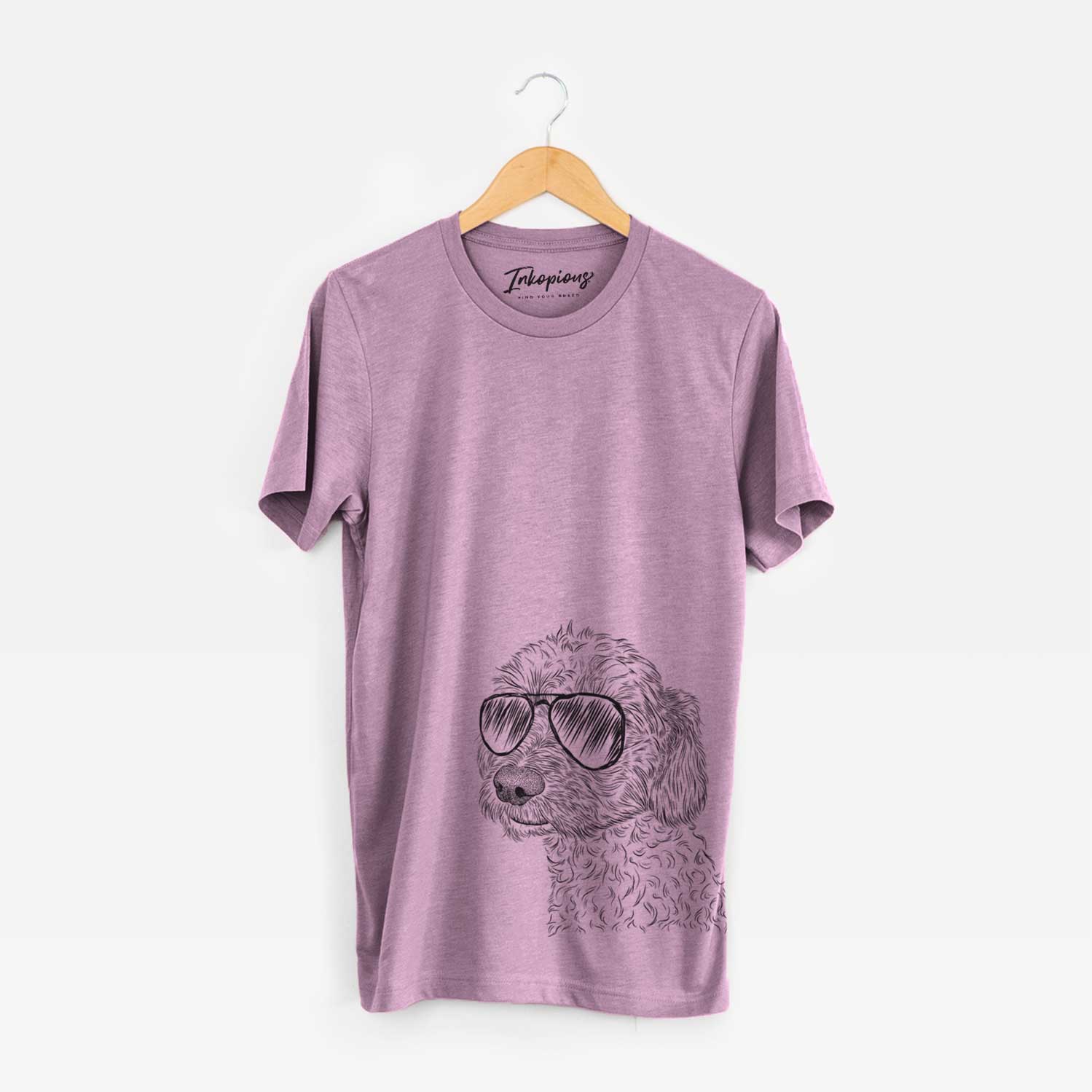 Hand-drawn sketch of Georgie Boy the Mixed Breed wearing aviator sunglasses on an Orchid Unisex crewneck