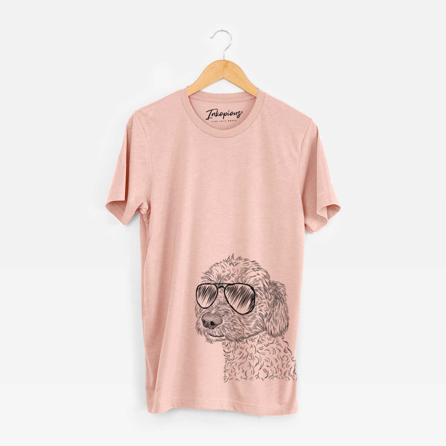 Hand-drawn sketch of Georgie Boy the Mixed Breed wearing aviator sunglasses on a Peach Unisex crewneck
