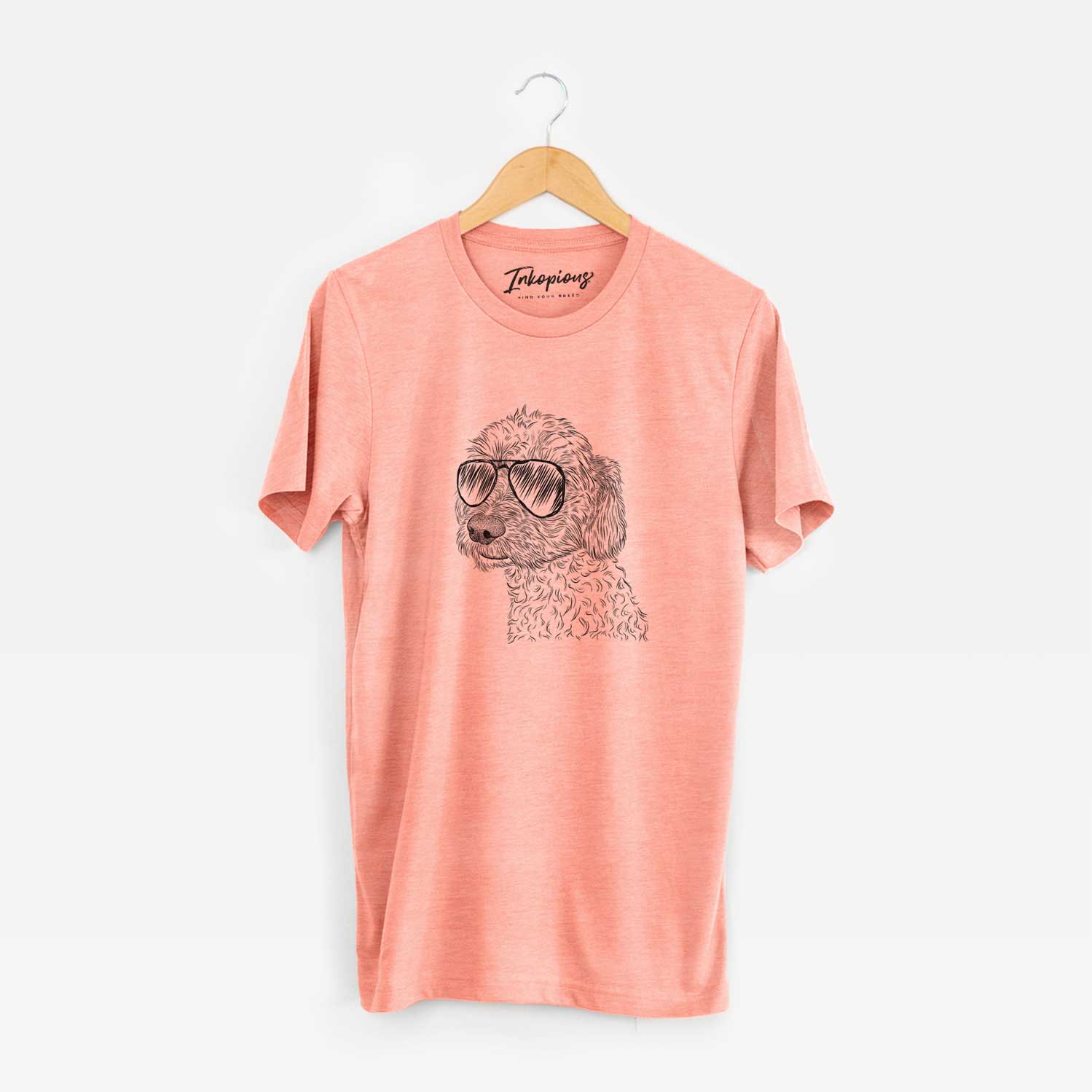 Hand-drawn sketch of Georgie Boy the Mixed Breed wearing aviator sunglasses on a Sunset Unisex crewneck