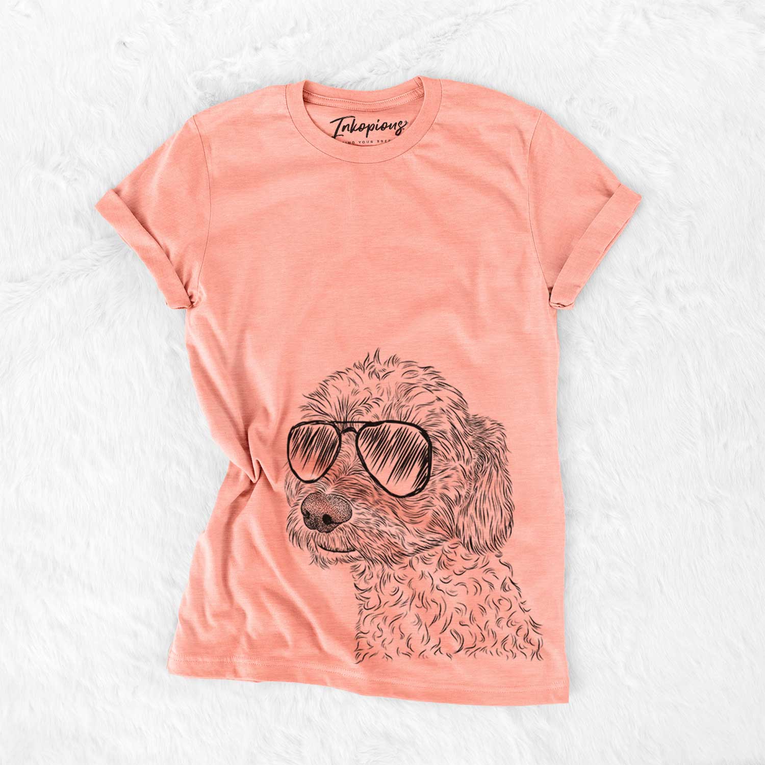 Hand-drawn sketch of Georgie Boy the Mixed Breed wearing aviator sunglasses on a Sunset Bella Canvas Unisex Crewneck