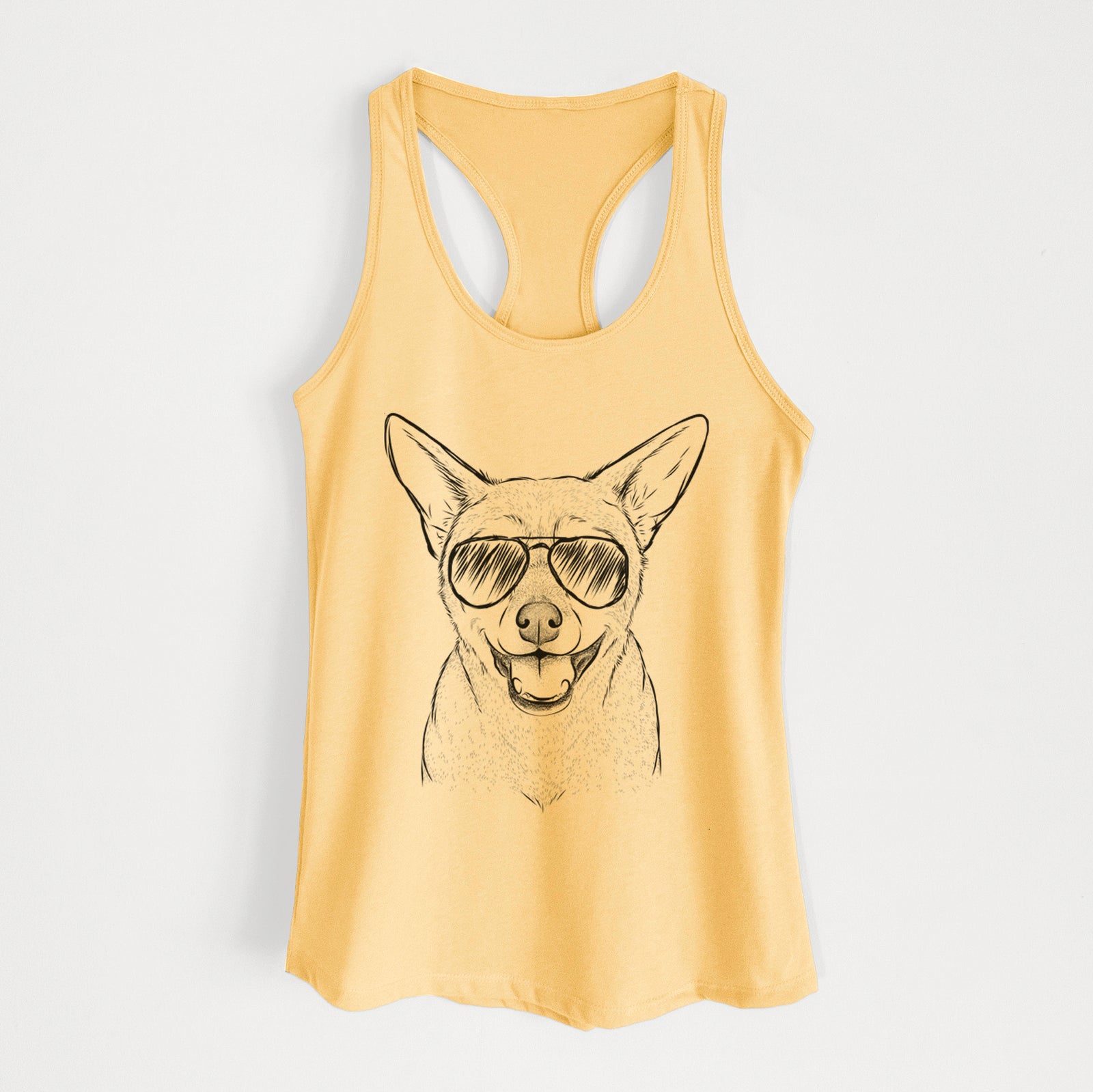 Hand-drawn sketch of Georgie the Chiweenie wearing aviator sunglasses on a Banana Cream Women's racerback tanktop