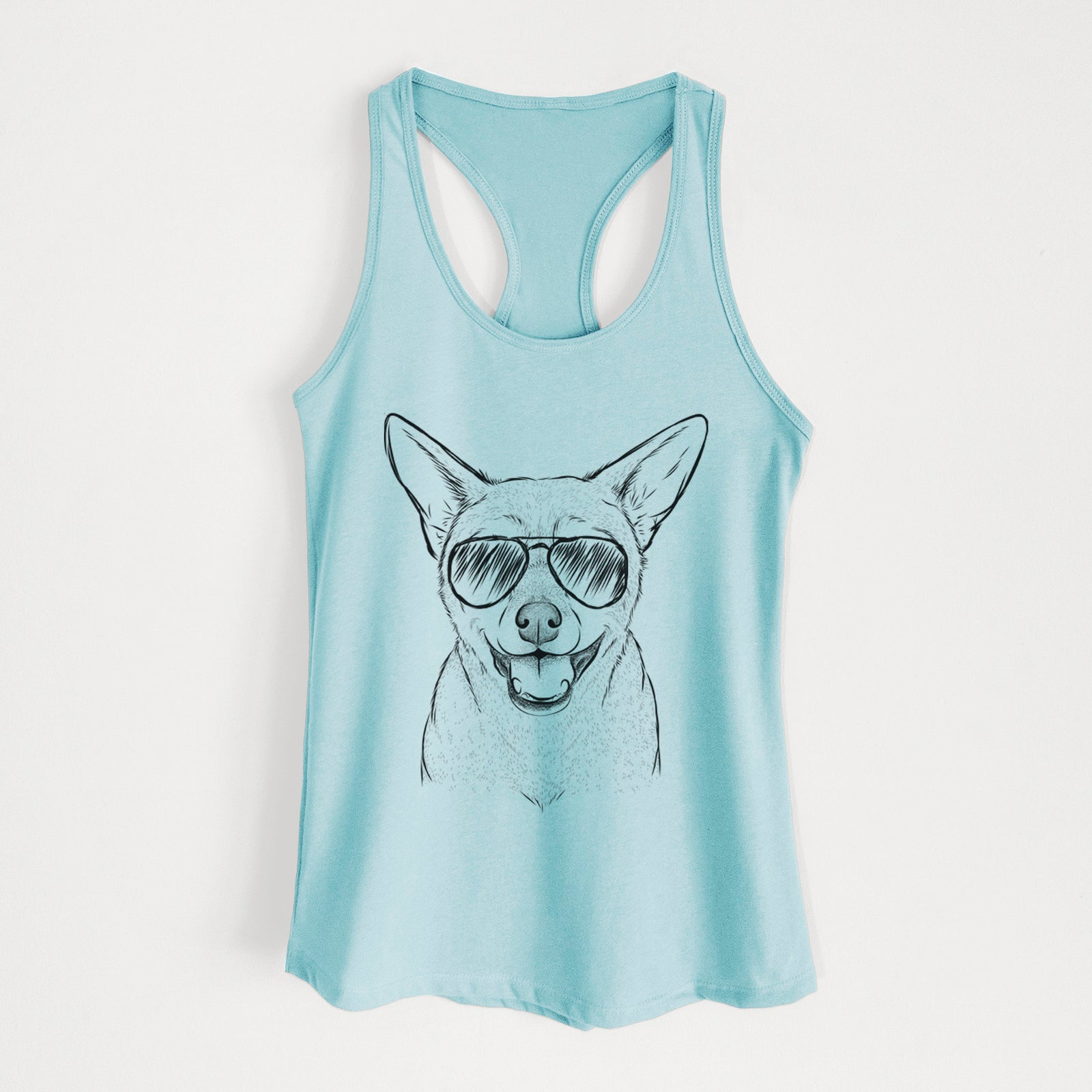 Hand-drawn sketch of Georgie the Chiweenie wearing aviator sunglasses on a Cancun Blue Women's racerback tanktop