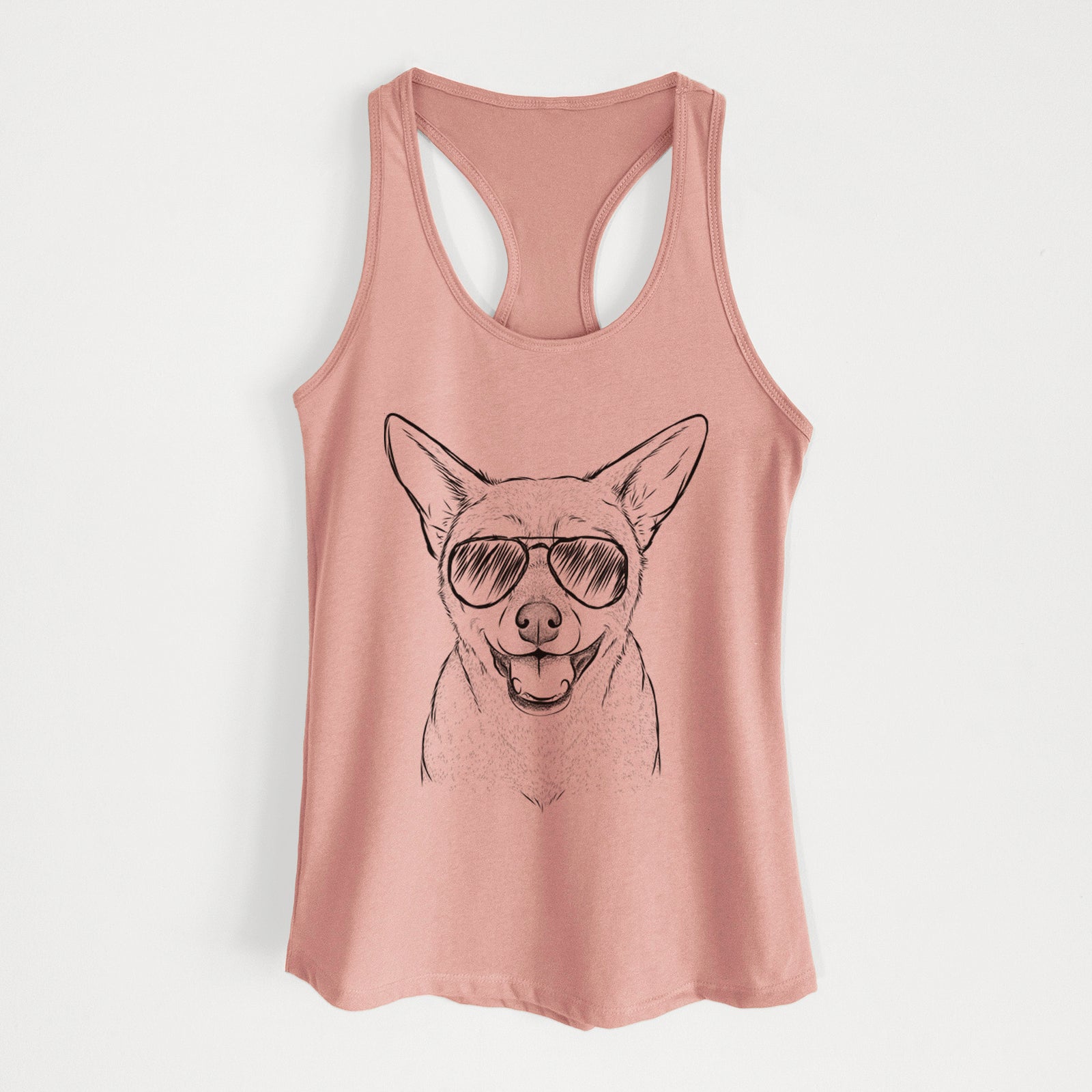 Hand-drawn sketch of Georgie the Chiweenie wearing aviator sunglasses on a Desert Pink Women's racerback tanktop
