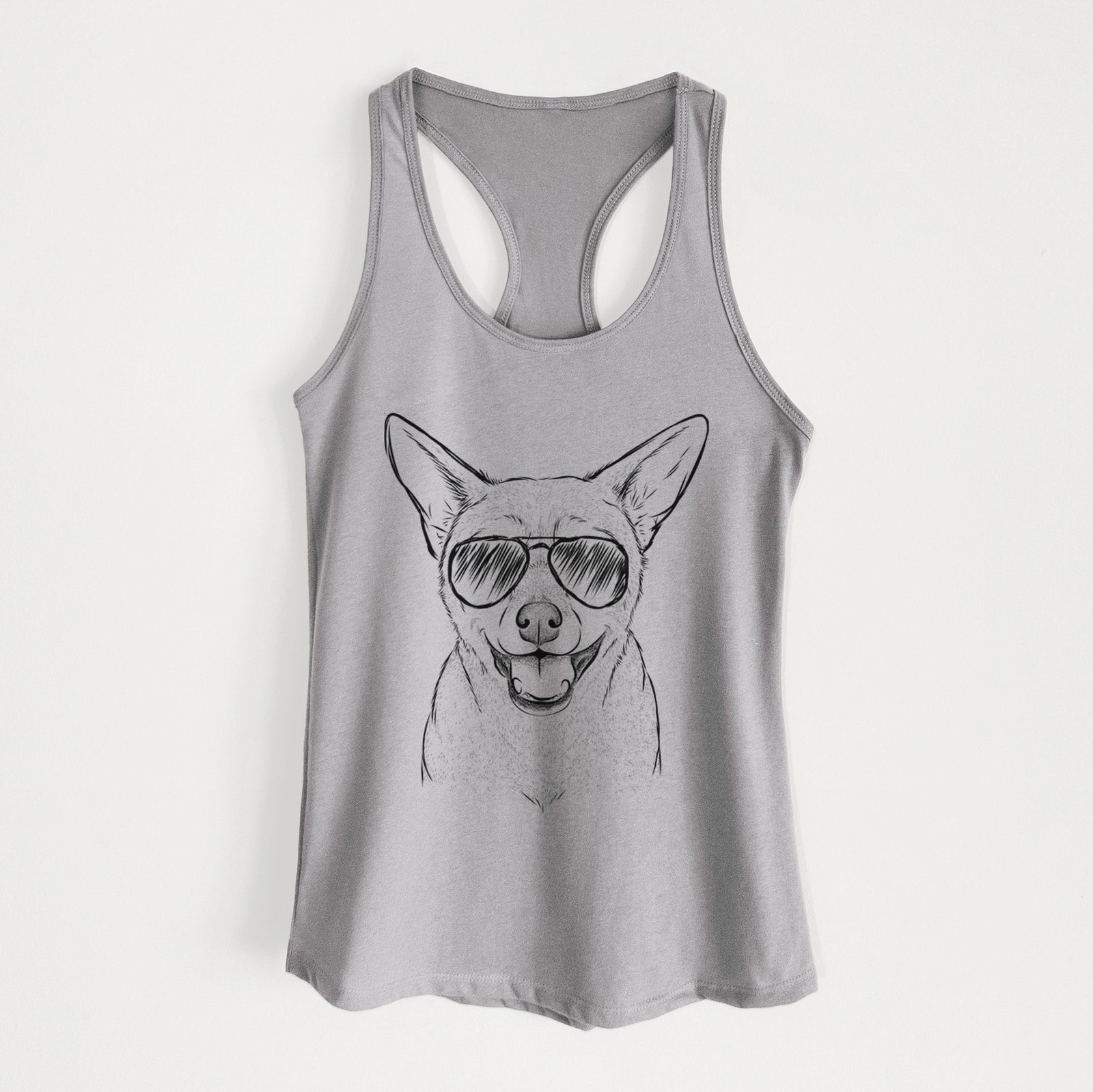 Hand-drawn sketch of Georgie the Chiweenie wearing aviator sunglasses on a Heather Grey Women's racerback tanktop