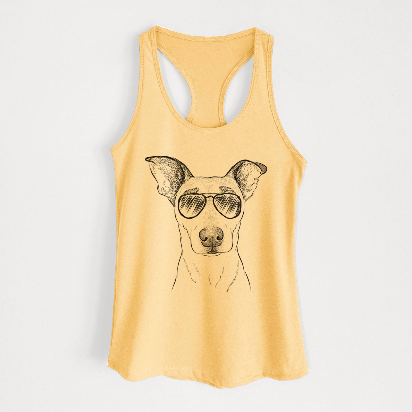 Hand-drawn sketch of Georgie Rat the Terrier Mix wearing aviator sunglasses on a Banana Cream Women's racerback tanktop