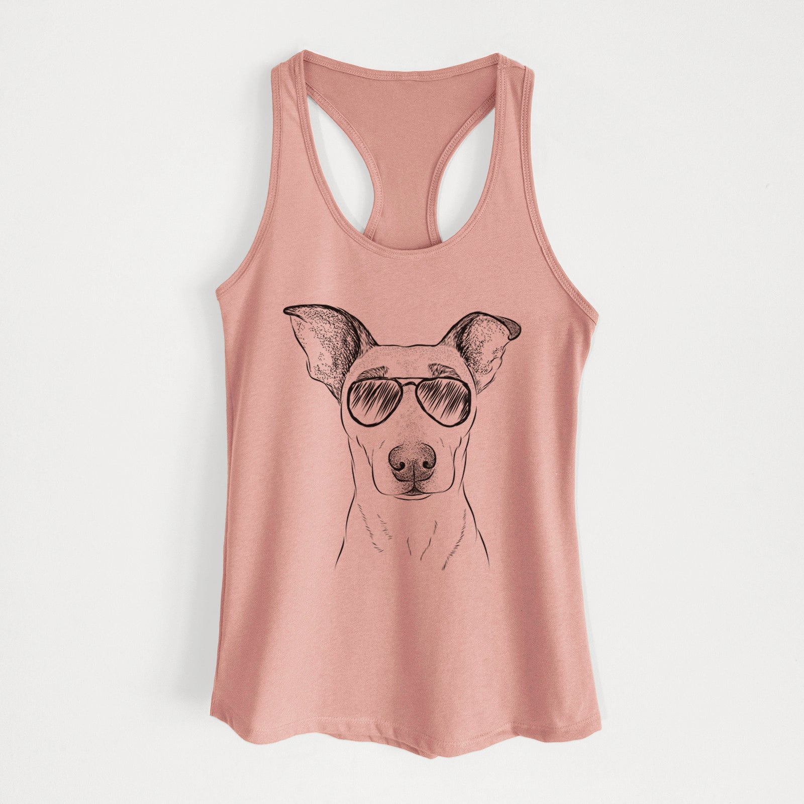 Hand-drawn sketch of Georgie Rat the Terrier Mix wearing aviator sunglasses on a Desert Pink Women's racerback tanktop