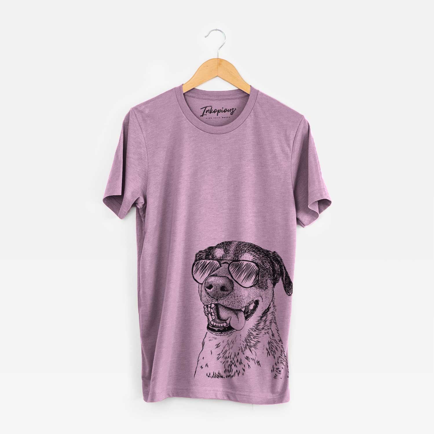 Hand-drawn sketch of Gerti the Mixed Breed wearing aviator sunglasses on an Orchid Bella Canvas Unisex Crewneck