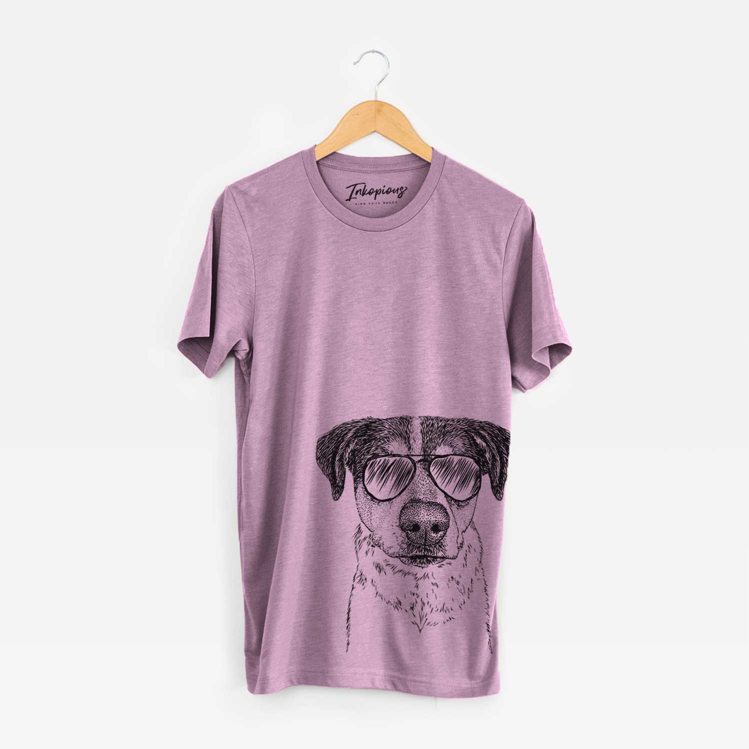 Hand-drawn sketch of Gertrude the Mixed Breed wearing aviator sunglasses on an Orchid Bella Canvas Unisex Crewneck