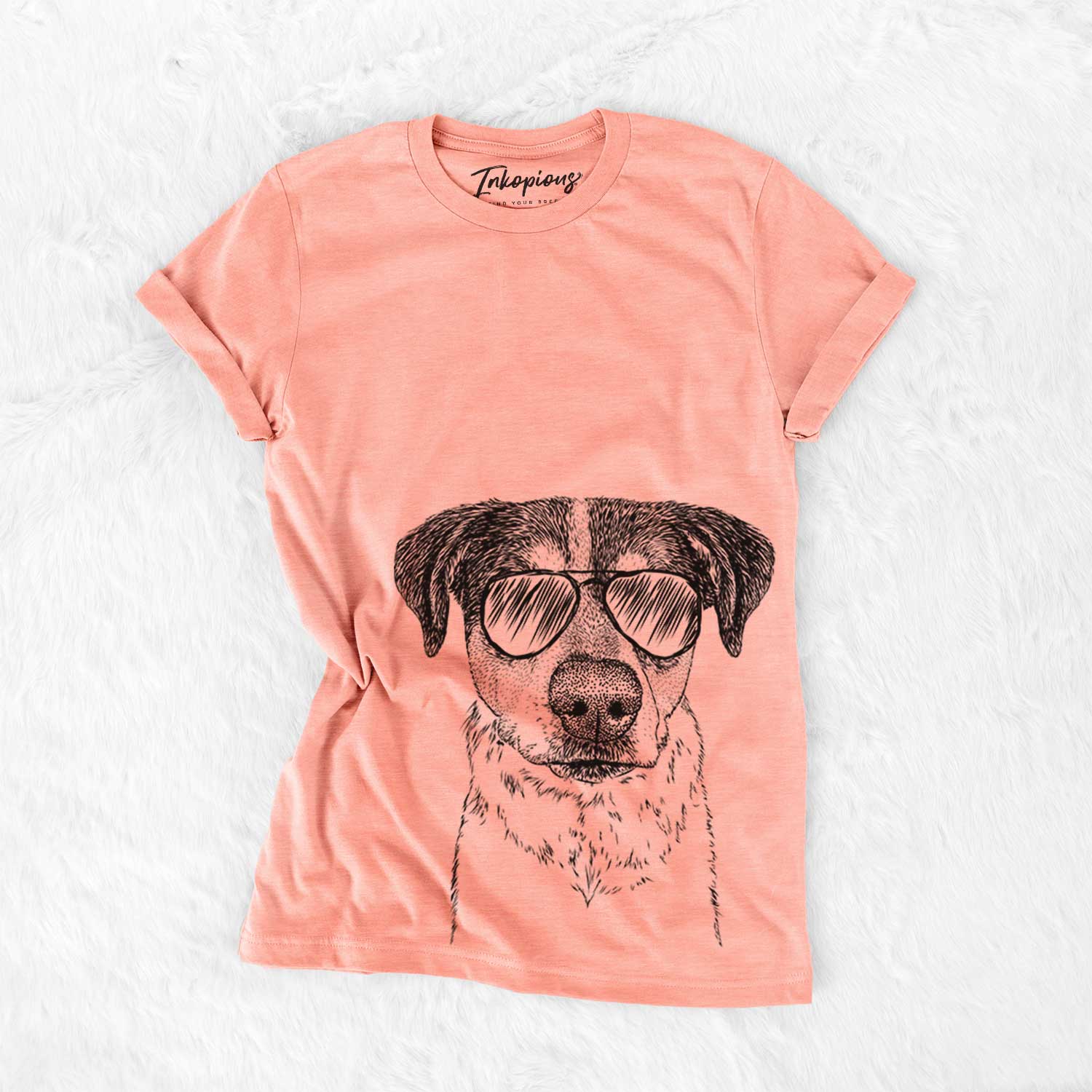 Hand-drawn sketch of Gertrude the Mixed Breed wearing aviator sunglasses on a Sunset Bella Canvas Unisex Crewneck