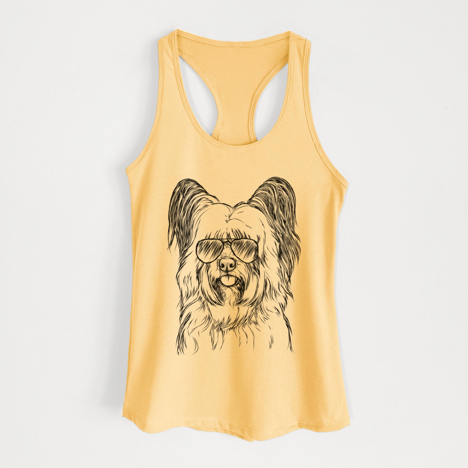 Hand-drawn sketch of Gideon the Skye Terrier wearing aviator sunglasses on a Banana Cream Women's racerback tanktop