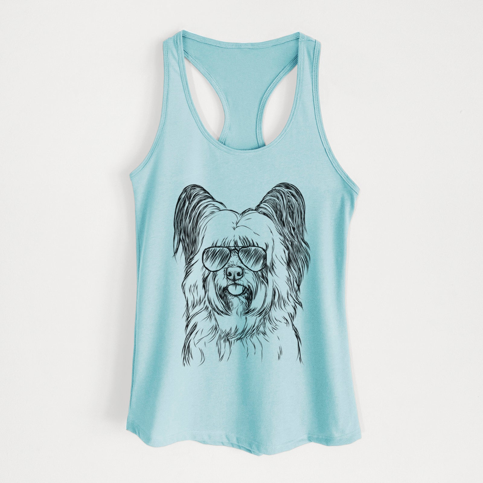 Hand-drawn sketch of Gideon the Skye Terrier wearing aviator sunglasses on a Cancun Blue Women's racerback tanktop