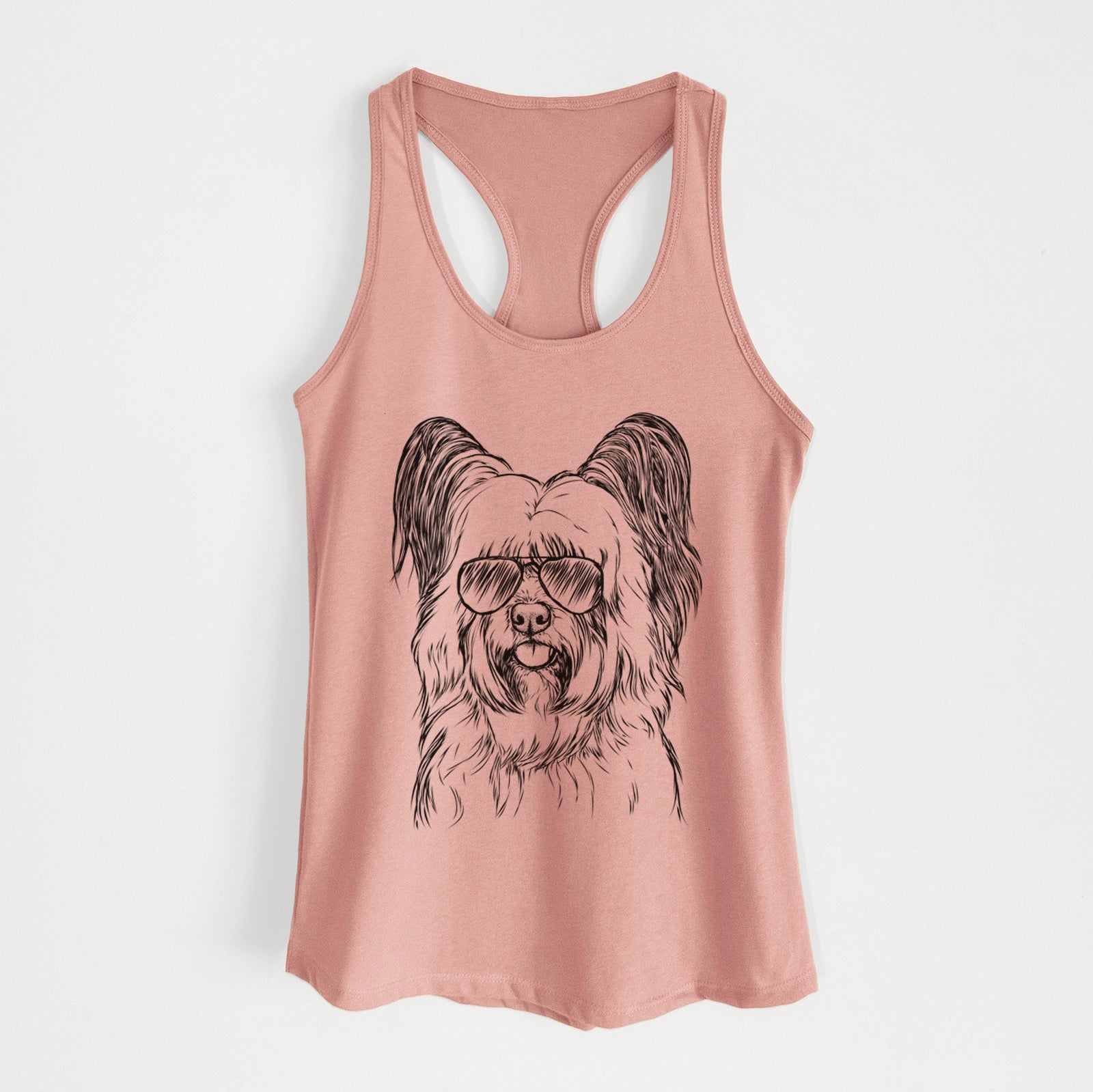 Hand-drawn sketch of Gideon the Skye Terrier wearing aviator sunglasses on a Desert Pink Women's racerback tanktop