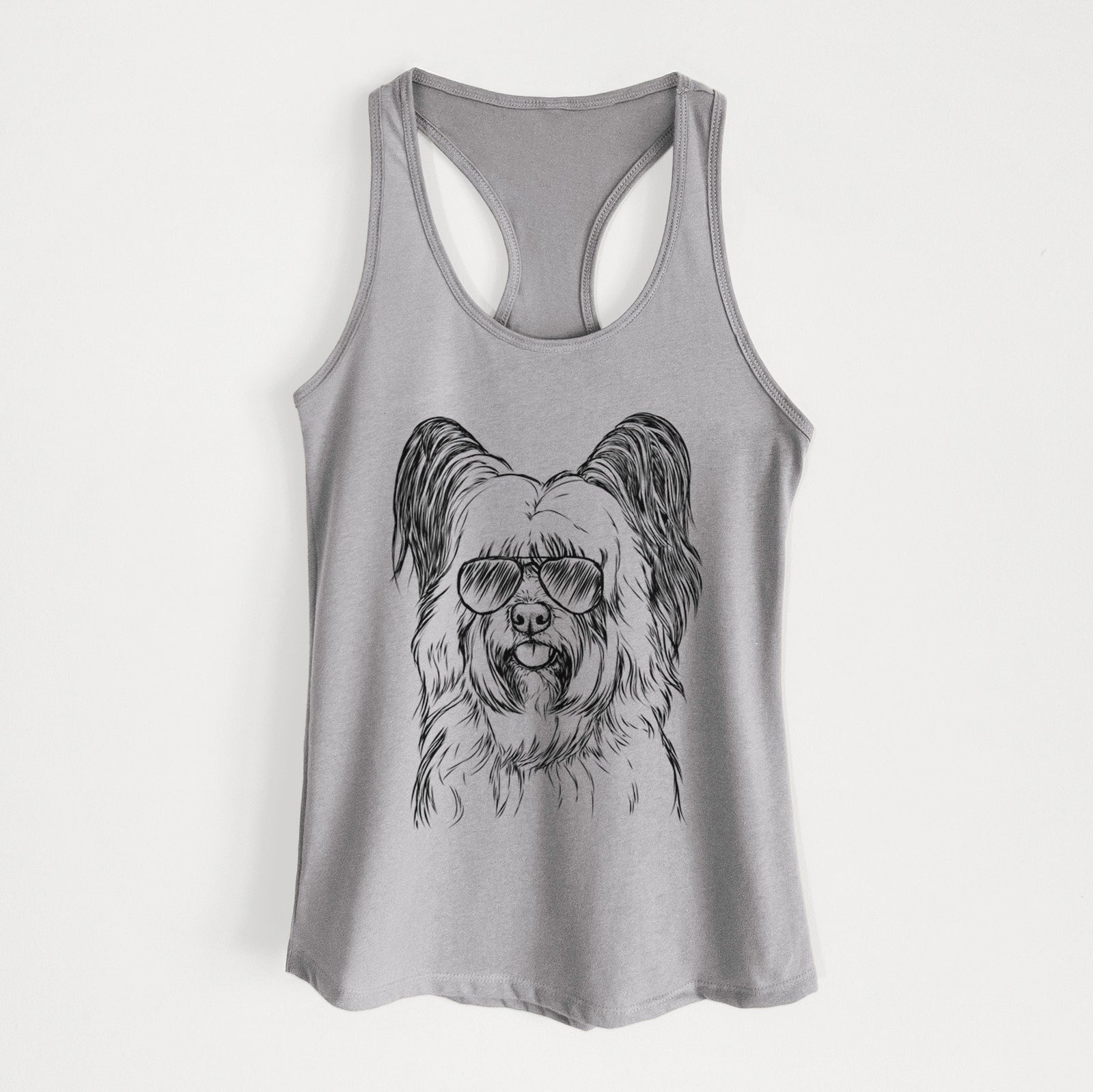 Hand-drawn sketch of Gideon the Skye Terrier wearing aviator sunglasses on a Heather Grey Women's racerback tanktop