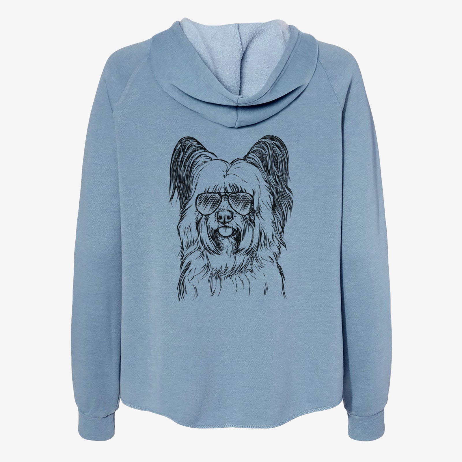 Hand-drawn sketch of Gideon the Skye Terrier wearing aviator sunglasses on a Misty Blue Women's cali wave zip-up sweatshirt