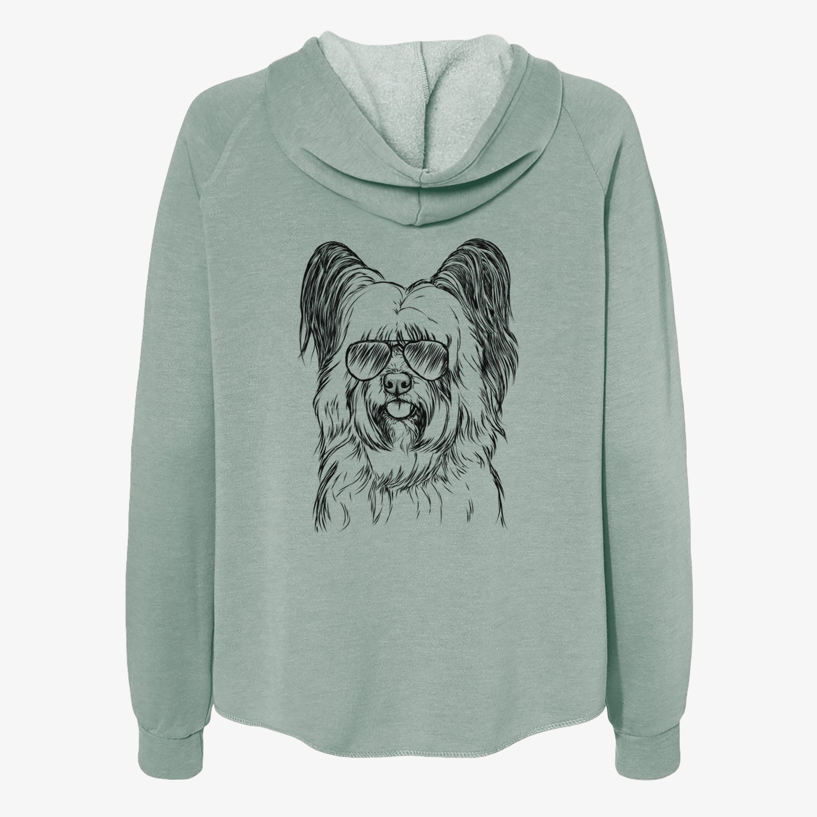 Hand-drawn sketch of Gideon the Skye Terrier wearing aviator sunglasses on a Sage Women's cali wave zip-up sweatshirt