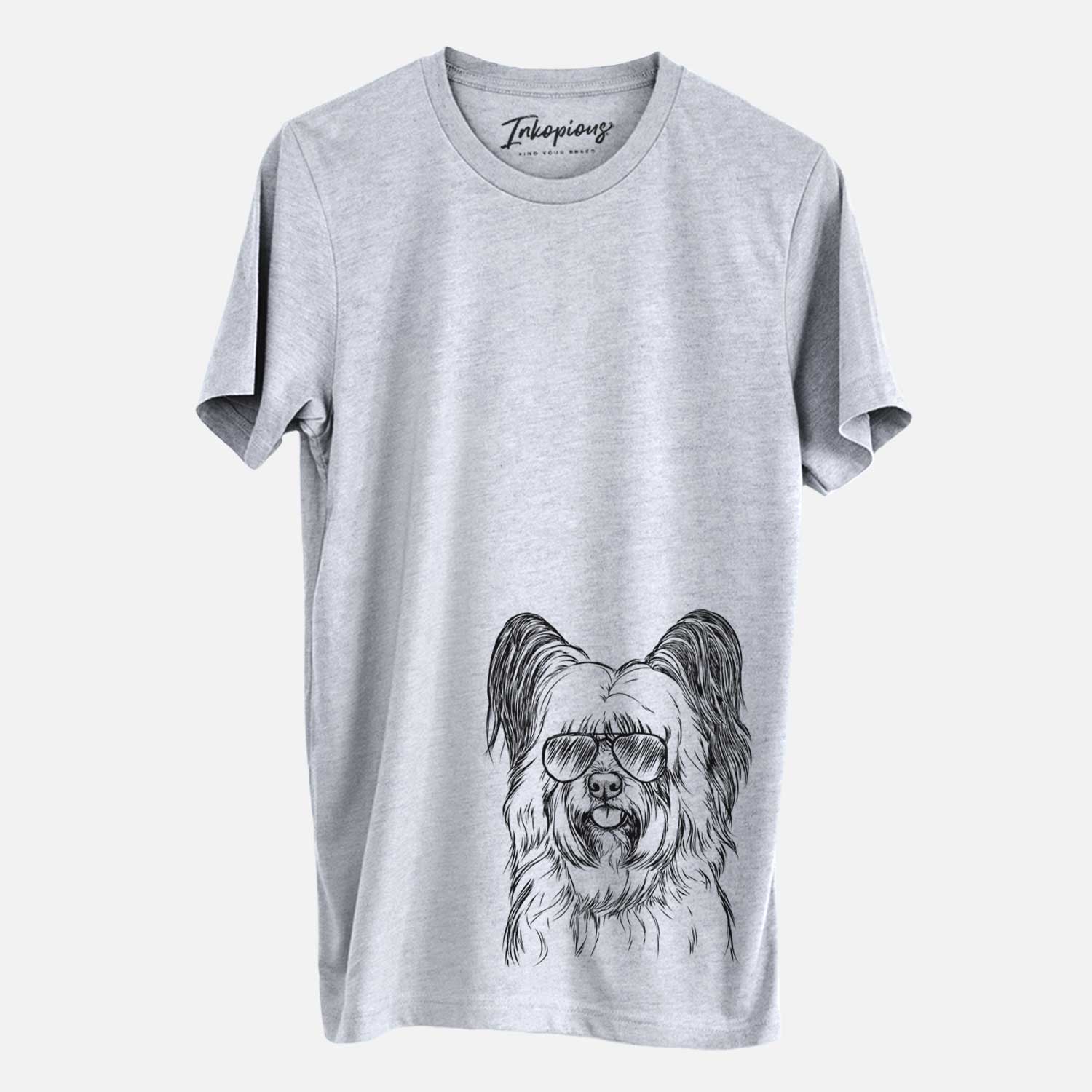 Hand-drawn sketch of Gideon the Skye Terrier wearing aviator sunglasses on a Grey Unisex crewneck