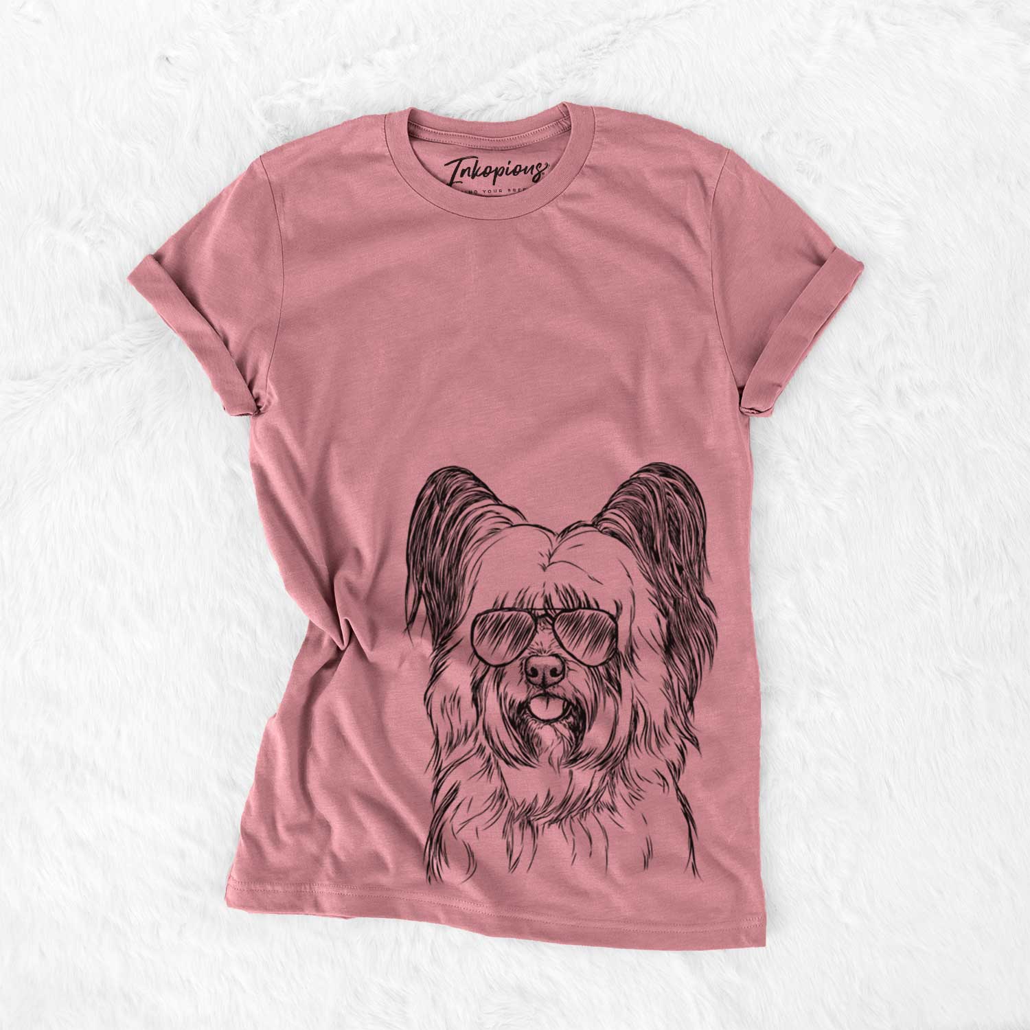 Hand-drawn sketch of Gideon the Skye Terrier wearing aviator sunglasses on a Mauve Unisex crewneck