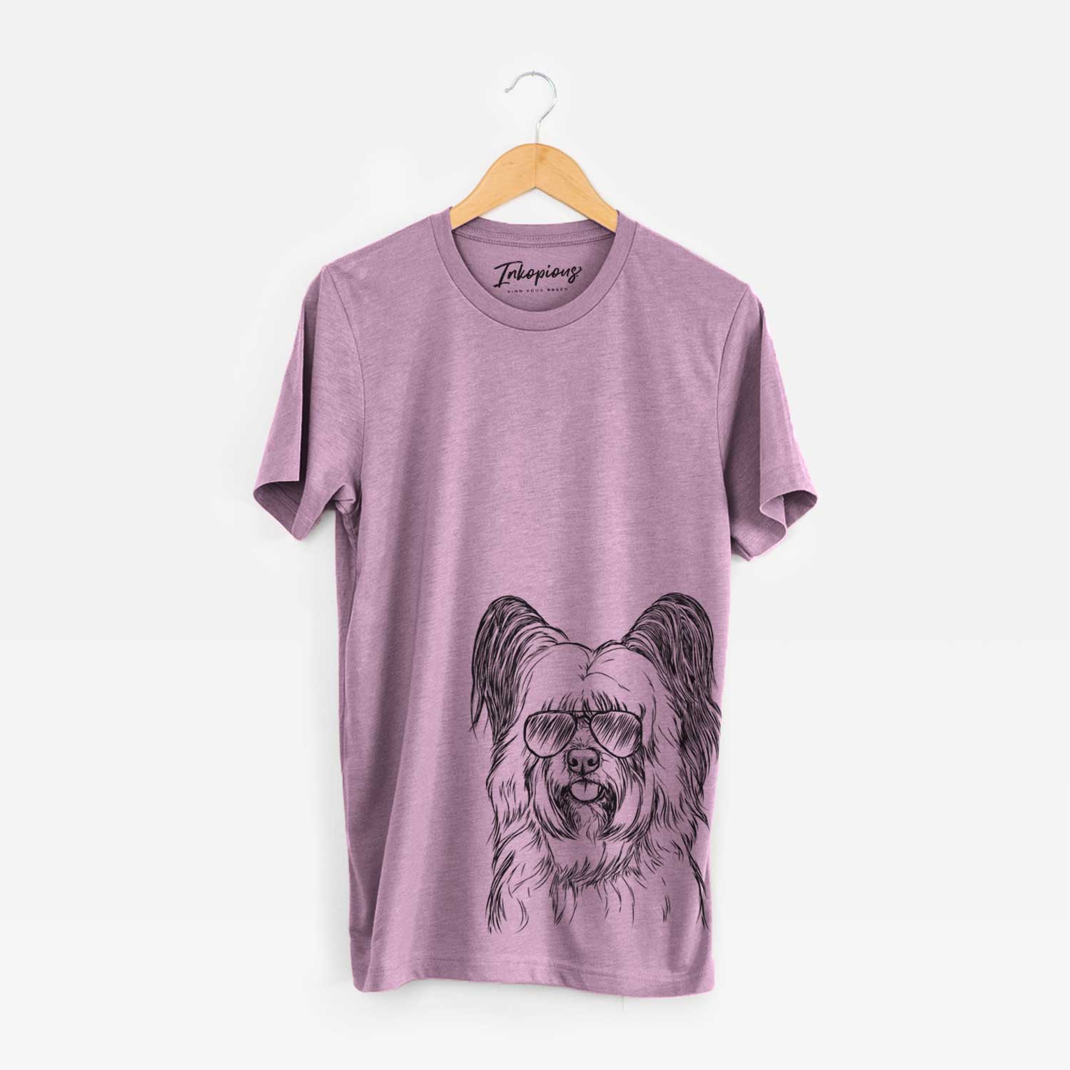 Hand-drawn sketch of Gideon the Skye Terrier wearing aviator sunglasses on an Orchid Bella Canvas Unisex Crewneck