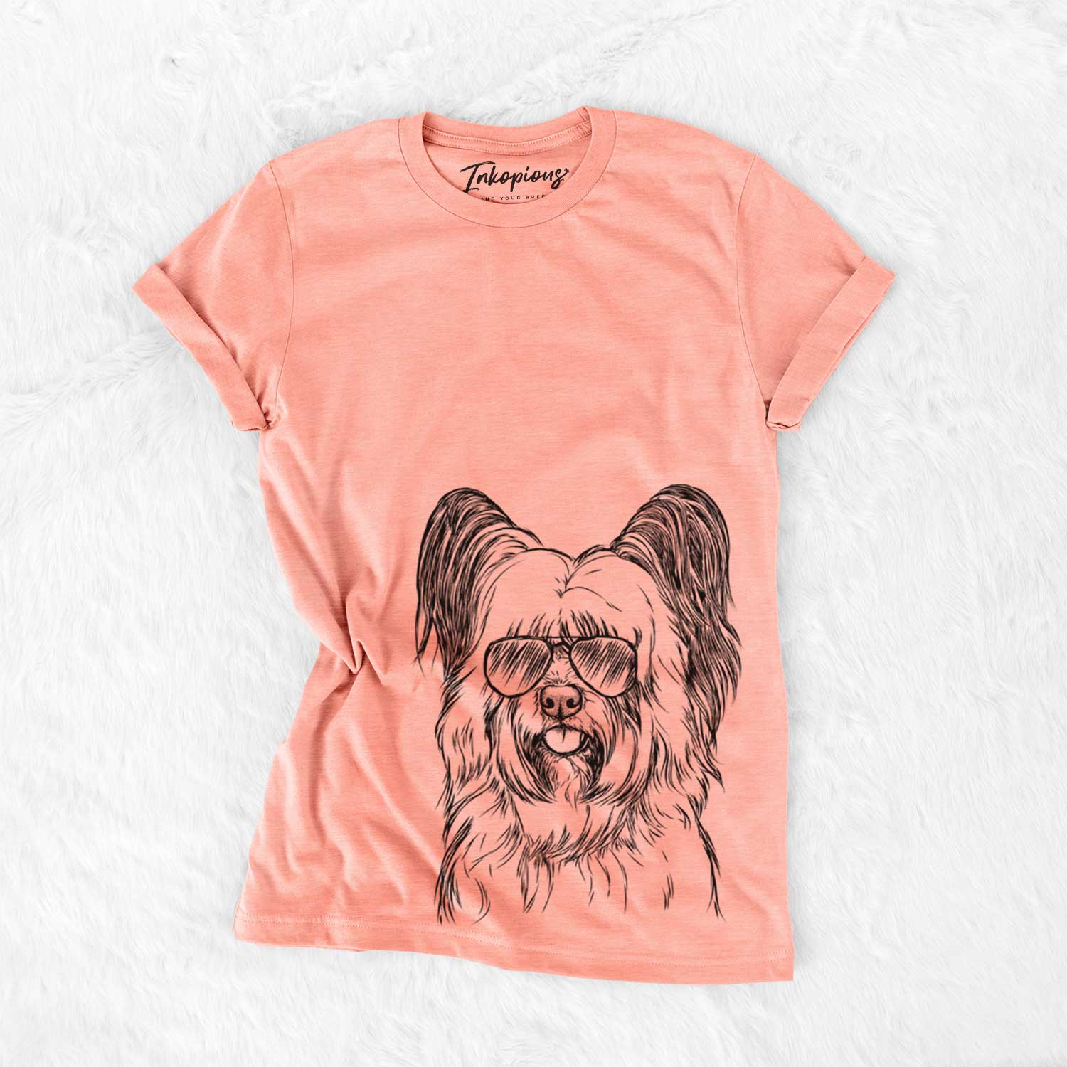 Hand-drawn sketch of Gideon the Skye Terrier wearing aviator sunglasses on a Sunset Bella Canvas Unisex Crewneck