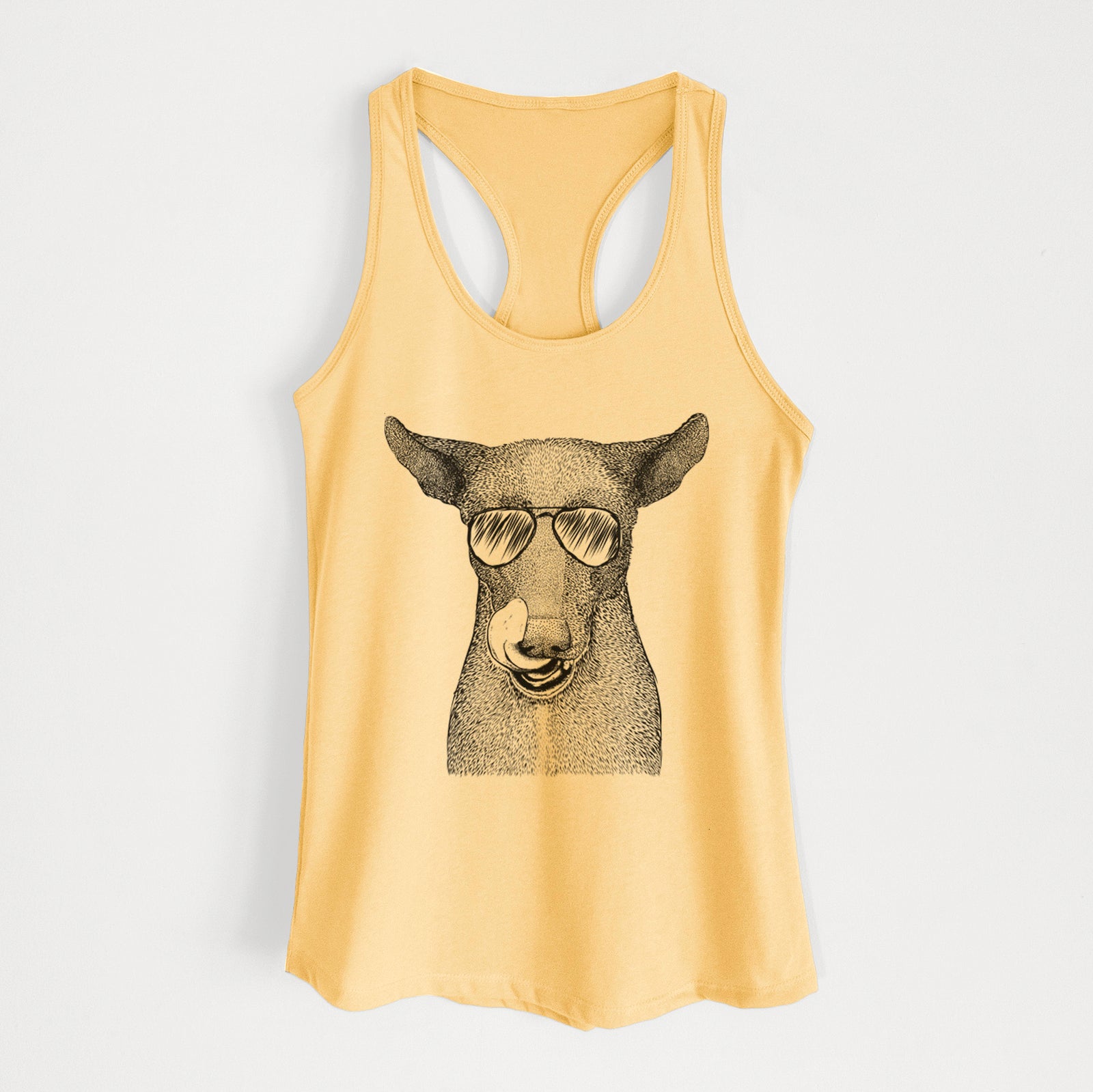 Hand-drawn sketch of Gidget the Mexican Street Dog wearing aviator sunglasses on a Banana Cream Women's racerback tanktop