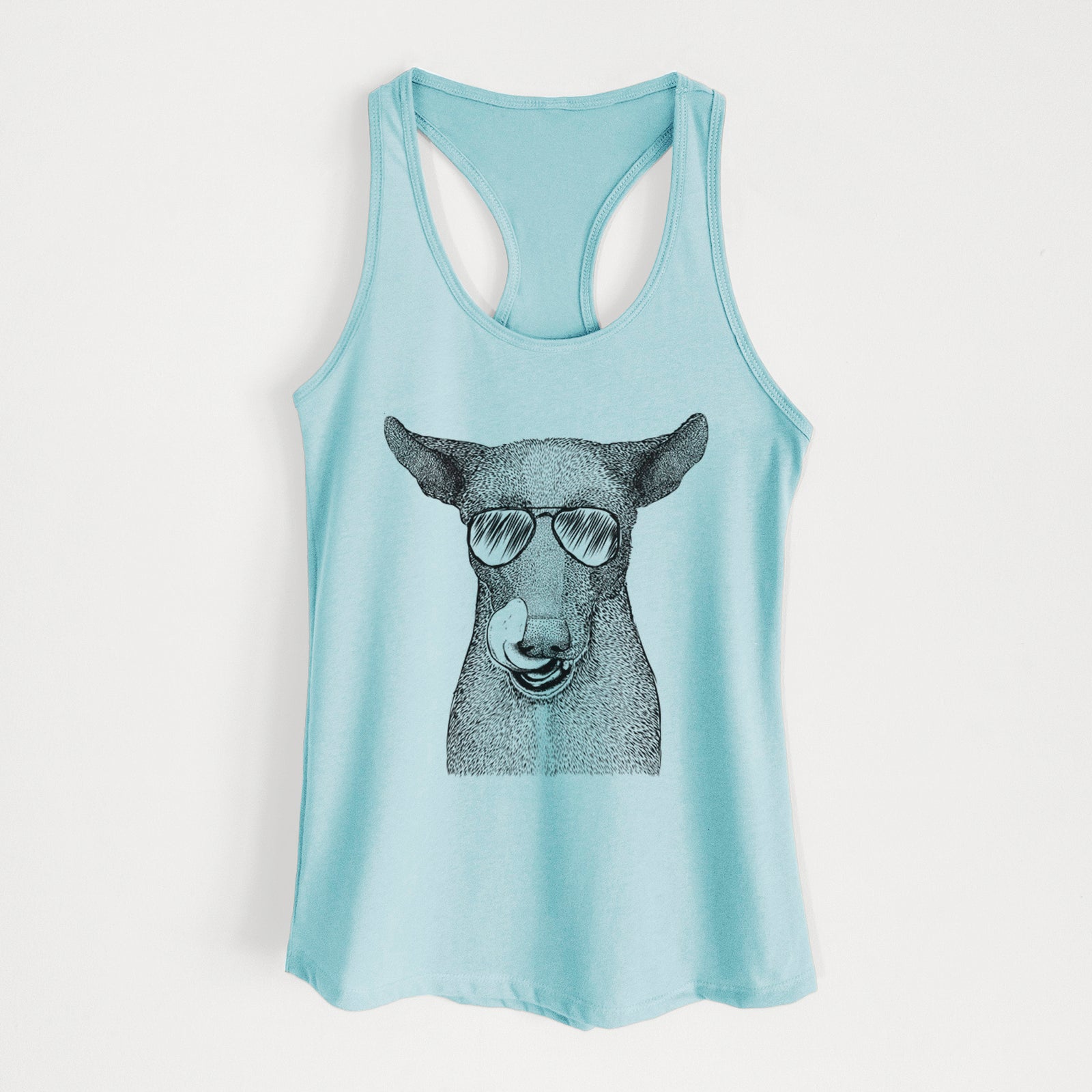 Hand-drawn sketch of Gidget the Mexican Street Dog wearing aviator sunglasses on a Cancun Blue Women's racerback tanktop