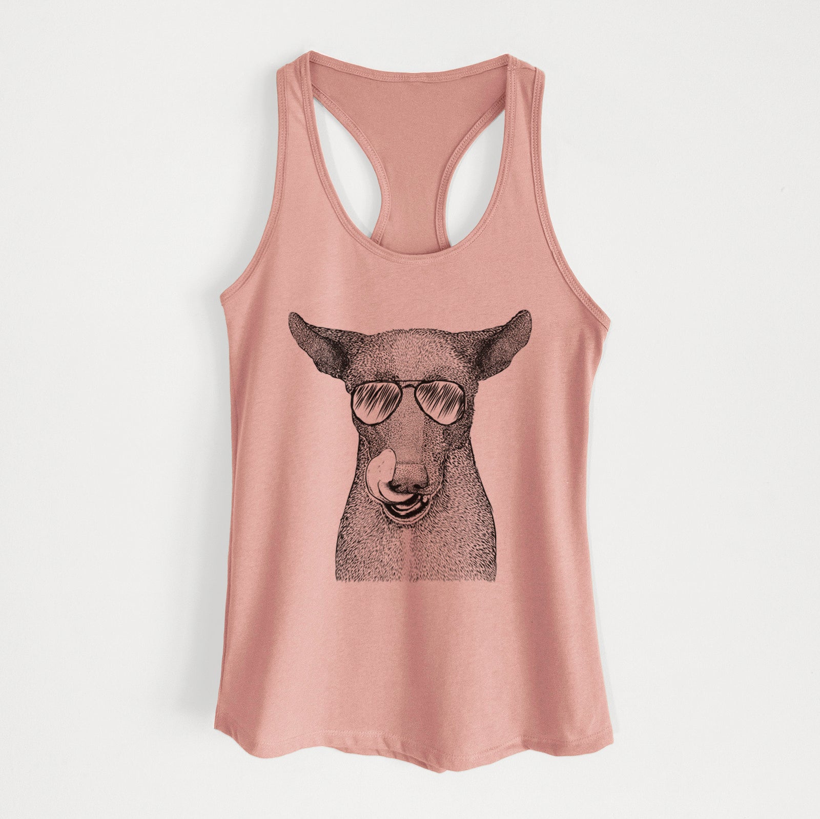 Hand-drawn sketch of Gidget the Mexican Street Dog wearing aviator sunglasses on a Desert Pink Women's racerback tanktop