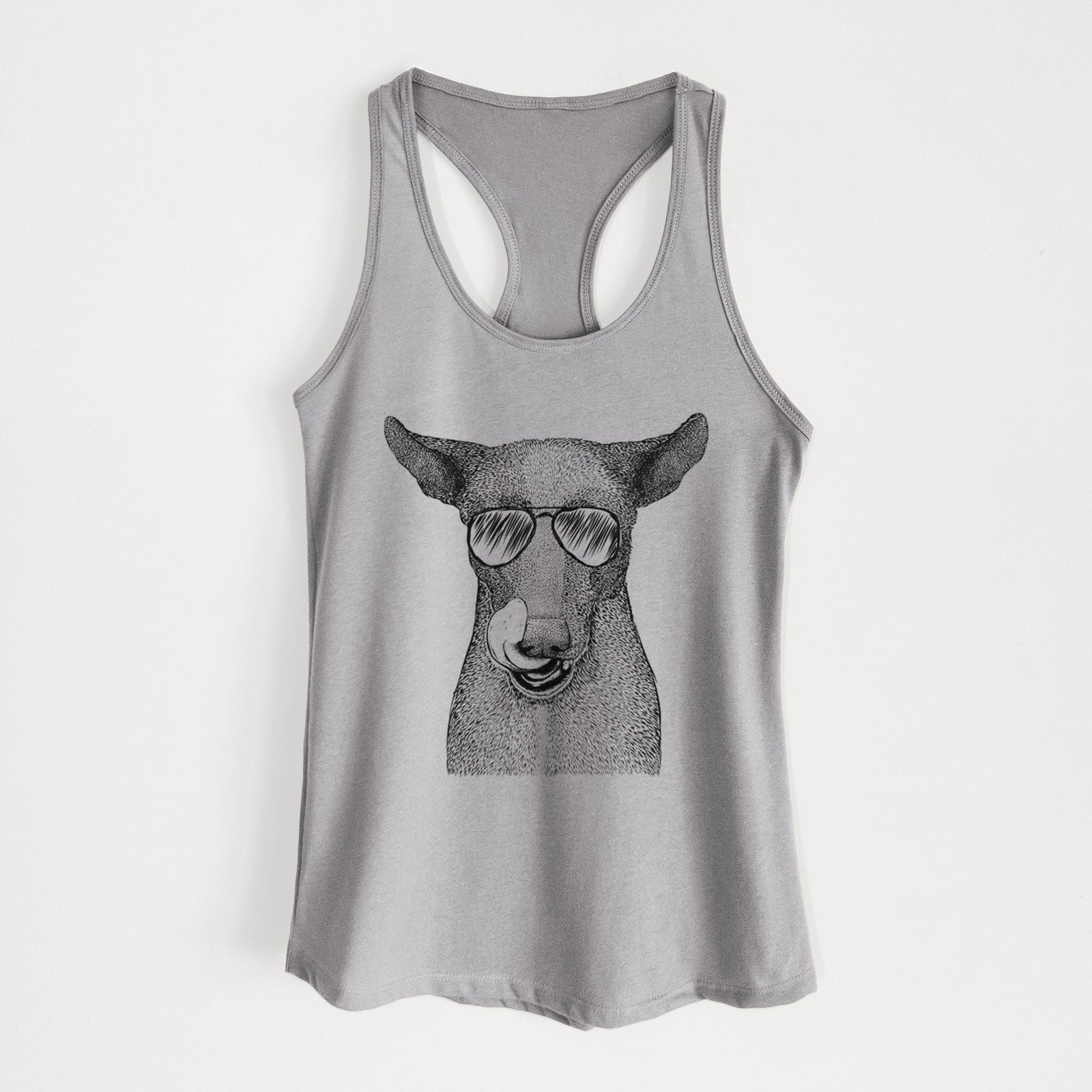 Hand-drawn sketch of Gidget the Mexican Street Dog wearing aviator sunglasses on a Heather Grey Women's racerback tanktop