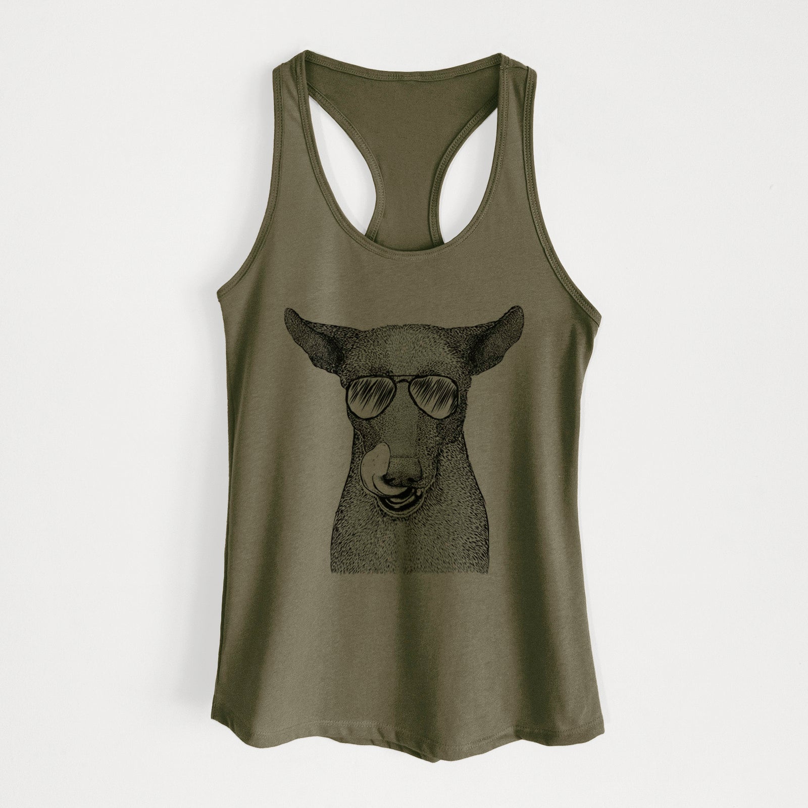 Hand-drawn sketch of Gidget the Mexican Street Dog wearing aviator sunglasses on a Military Green Women's racerback tanktop