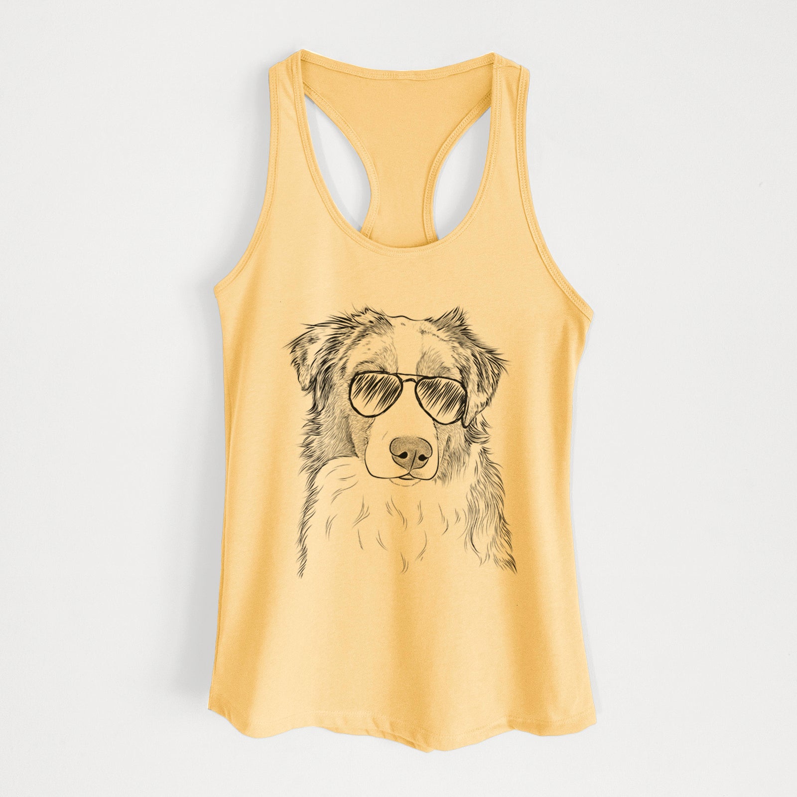 Hand-drawn sketch of Ginger the Australian Shepherd wearing aviator sunglasses on a Banana Cream Women's racerback tanktop