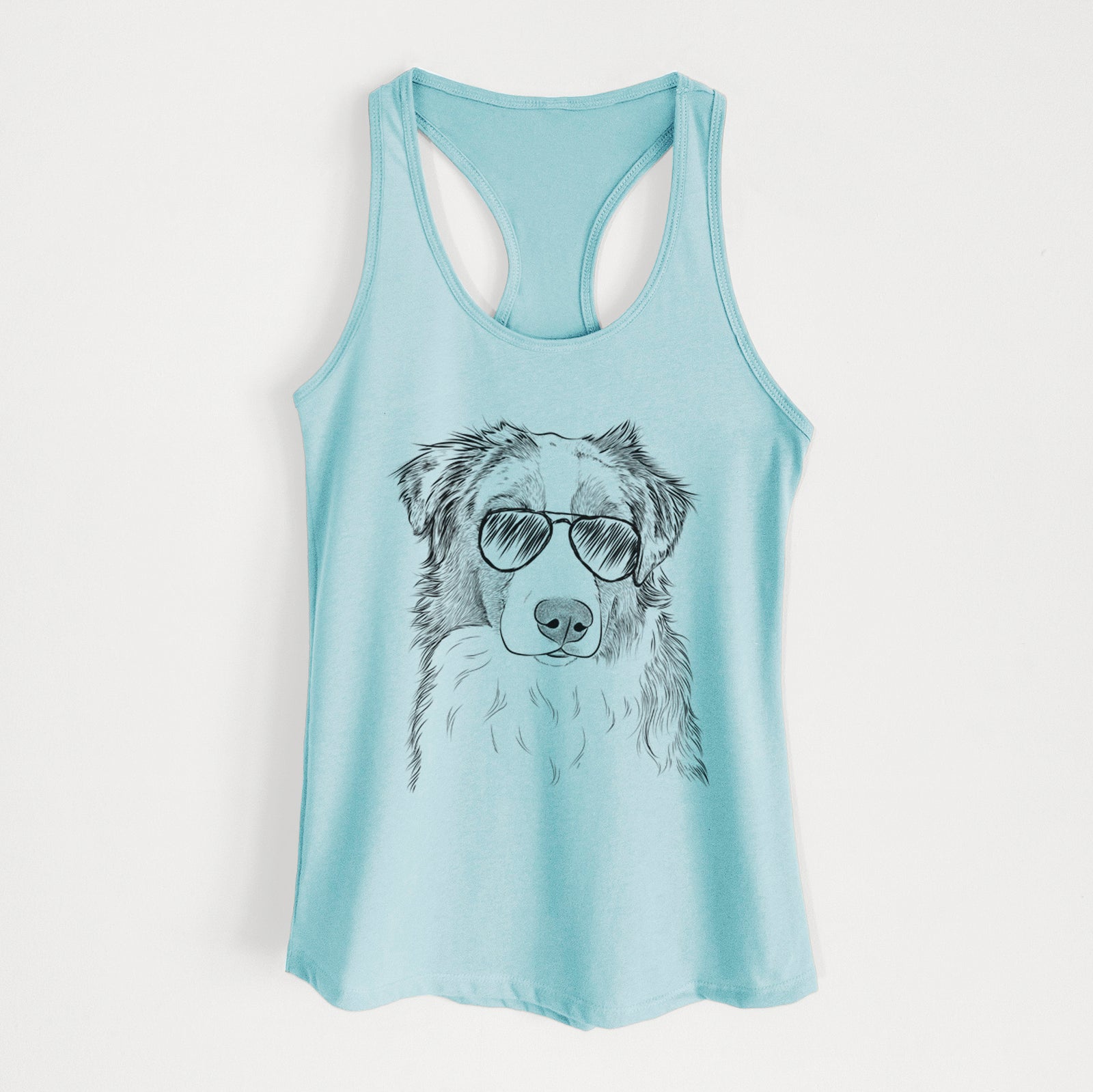 Hand-drawn sketch of Ginger the Australian Shepherd wearing aviator sunglasses on a Cancun Blue Women's racerback tanktop