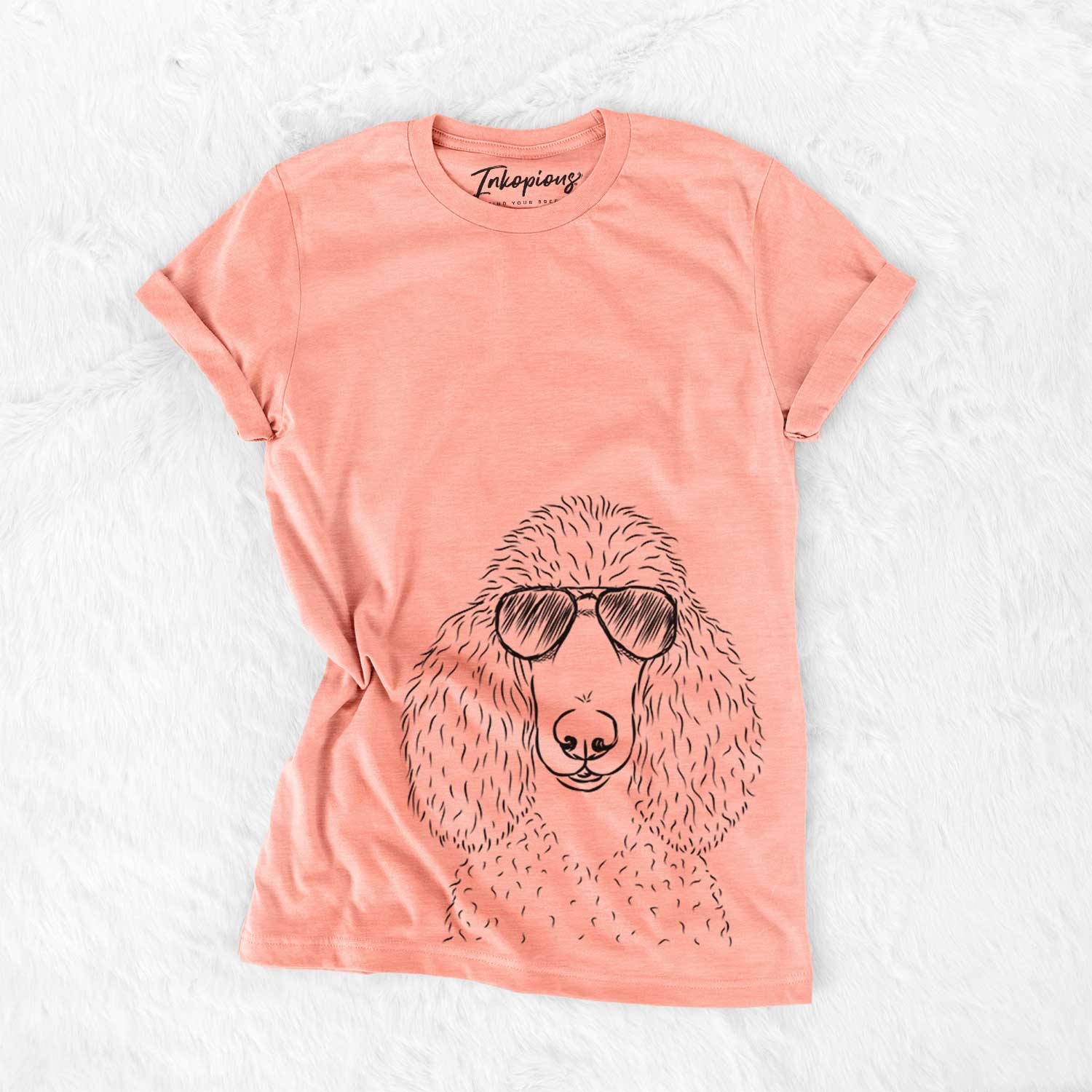 Hand-drawn sketch of Giovanni the Poodle wearing aviator sunglasses on a Sunset Bella Canvas Unisex Crewneck
