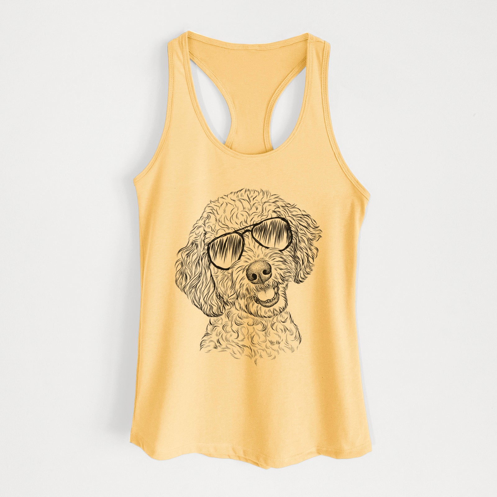 Hand-drawn sketch of Gizmo the Goldendoodle wearing aviator sunglasses on a Banana Cream Women's racerback tanktop