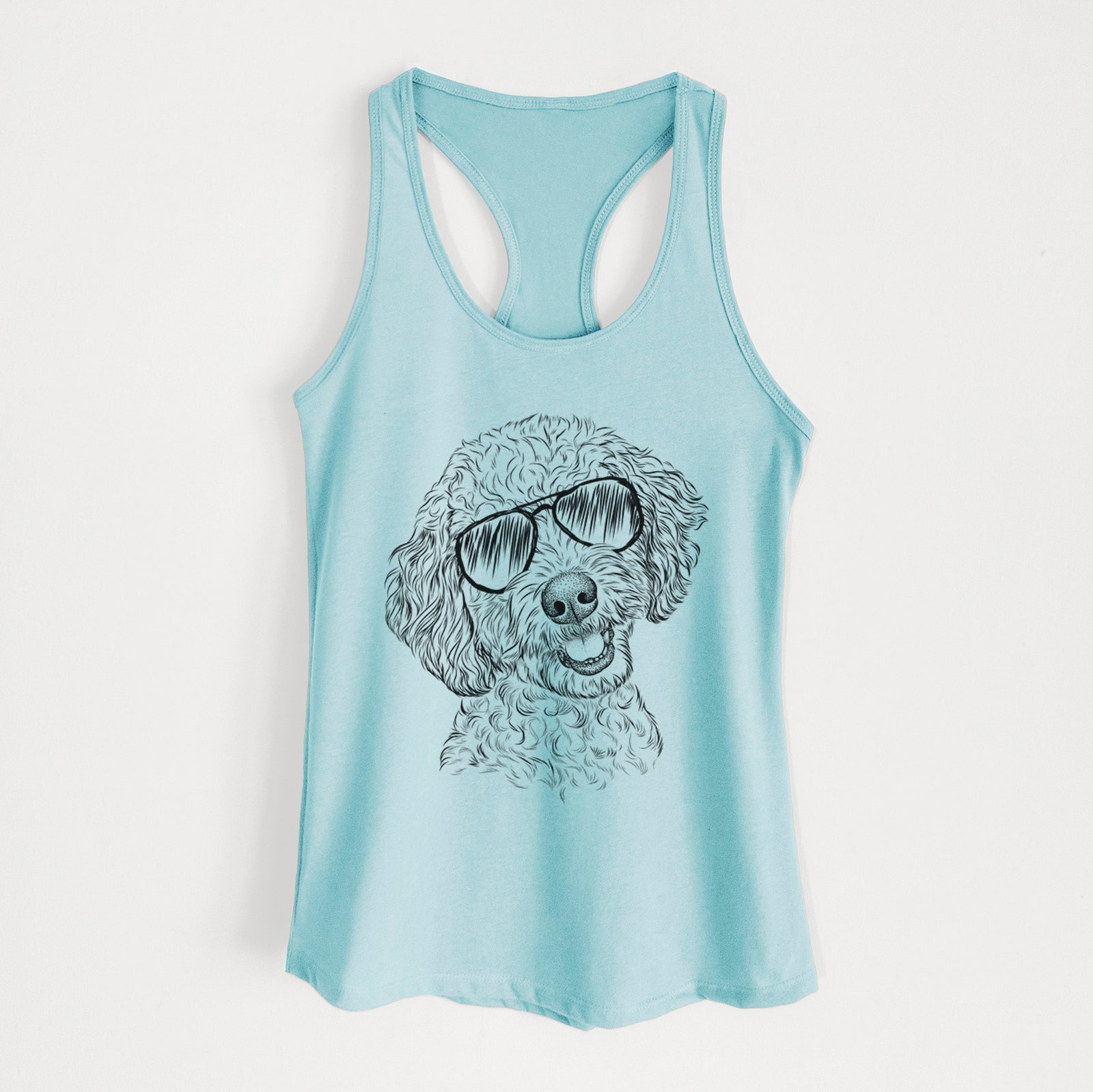 Hand-drawn sketch of Gizmo the Goldendoodle wearing aviator sunglasses on a Cancun Blue Women's racerback tanktop