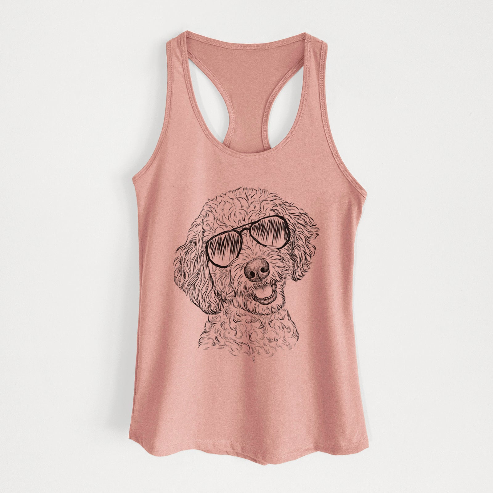 Hand-drawn sketch of Gizmo the Goldendoodle wearing aviator sunglasses on a Desert Pink Women's racerback tanktop