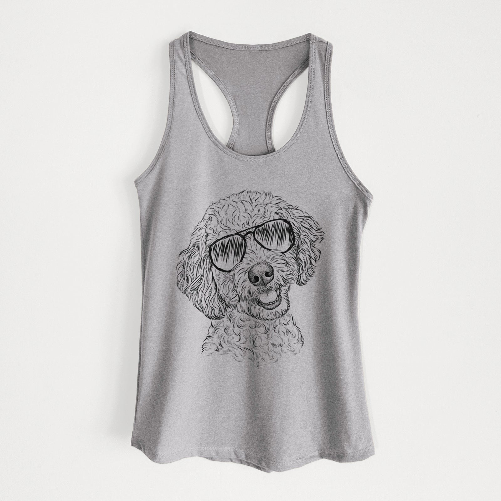 Hand-drawn sketch of Gizmo the Goldendoodle wearing aviator sunglasses on a Heather Grey Women's racerback tanktop